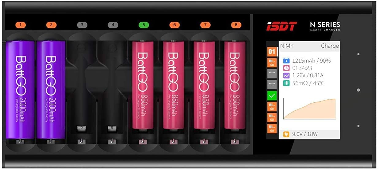 ISDT N8 8-Bay LCD Battery Charger for AAA AA LiFePO4 Ni-MH Ni-CD - Fast 1.5H Charging Station with Discharge Function - Perfect for Home, Office, and Professional Battery Maintenance