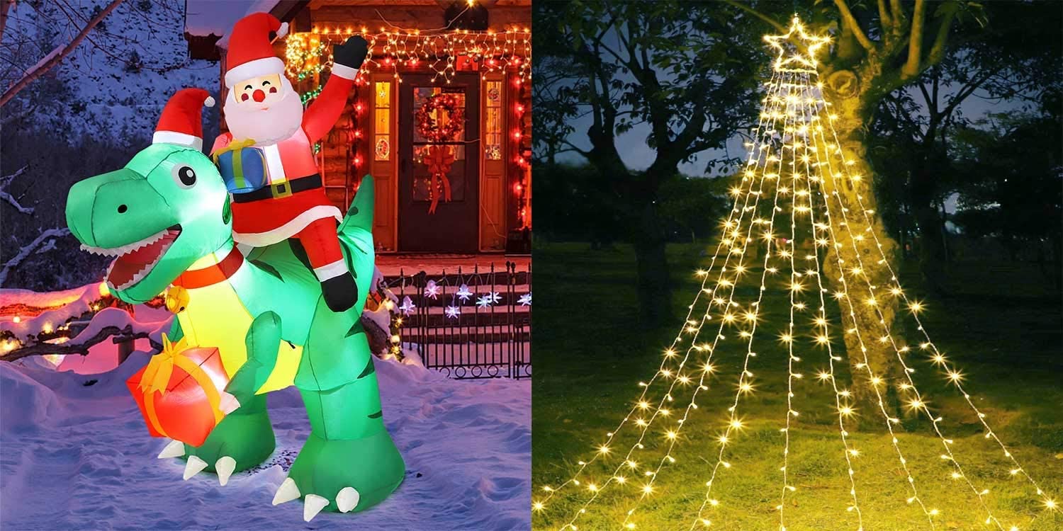 MAOYUE 7.2Ft Inflatable Christmas Dinosaur Decor with 335 LED Warm Star Lights - Outdoor Holiday Yard Decoration for Xmas Party & Festive Home Decor