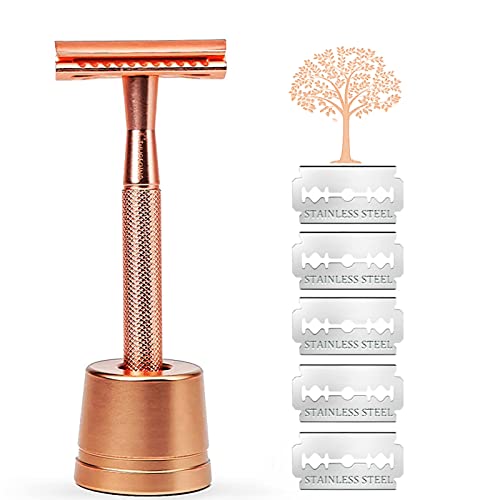 Premium Eco-Friendly Safety Razor for Men & Women - Rose Gold Double Edge Razor with Stand & 10 Blade Refills - Fits All Standard Razor Blades - Perfect for Travel, Gifts & Sustainable Shaving Routine