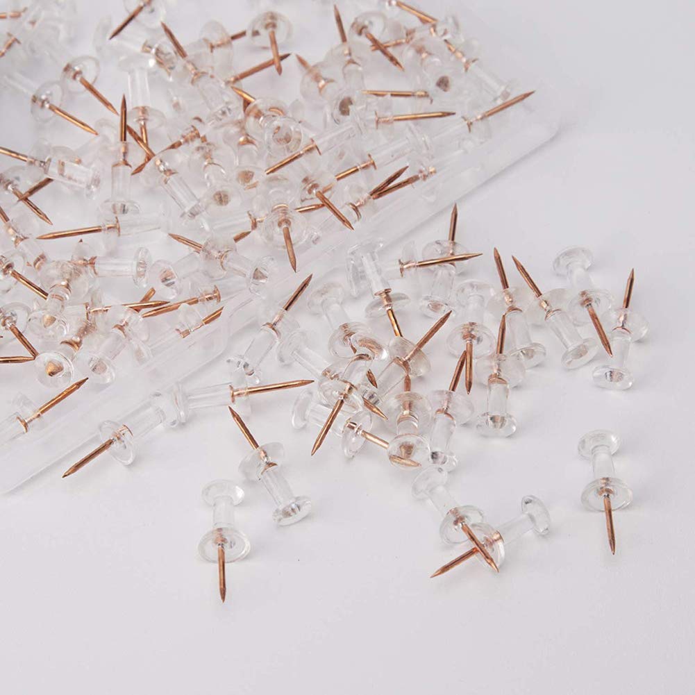 Rose Gold Push Pins - 100 Count Thumb Tacks with Transparent Plastic Head & Gold Steel Point for Hanging Pictures, Posters, Documents | Perfect for Bulletin Boards, Office, School, Home Decor & Map Marking