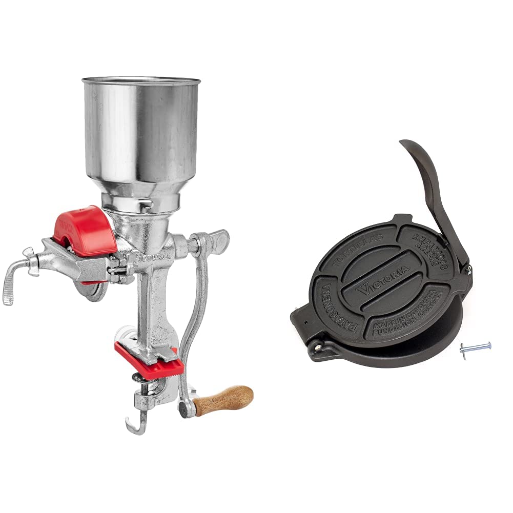 Victoria Manual High Hopper Grain Grinder & Cast Iron Tortilla Press Set - Silver Grain Mill & Roti Maker for Home Kitchen - Perfect for Grinding Wheat, Corn, Beans & Making Fresh Tortillas, Roti, Chapatis