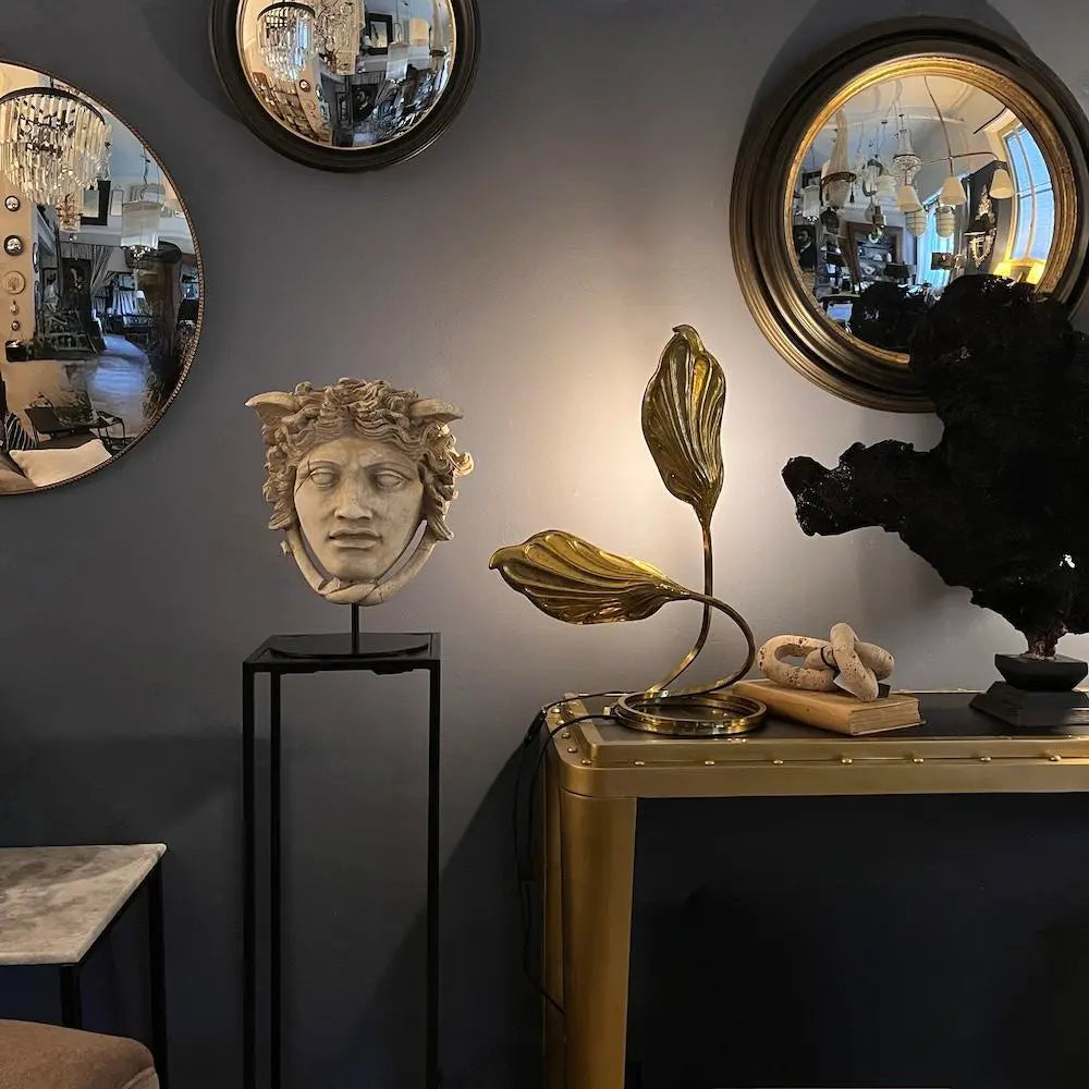 Medusa Head Gypsum Sculpture on Pedestal - Greek Mythology Decor for Home, Office & Garden