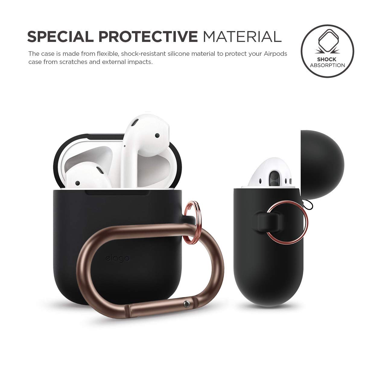 elago Premium Silicone Case with Keychain for Apple AirPods 1 & 2 - Wireless Charging Compatible, Front LED Visible, Protective Cover [Black] - Perfect for Gym, Travel & Everyday Use