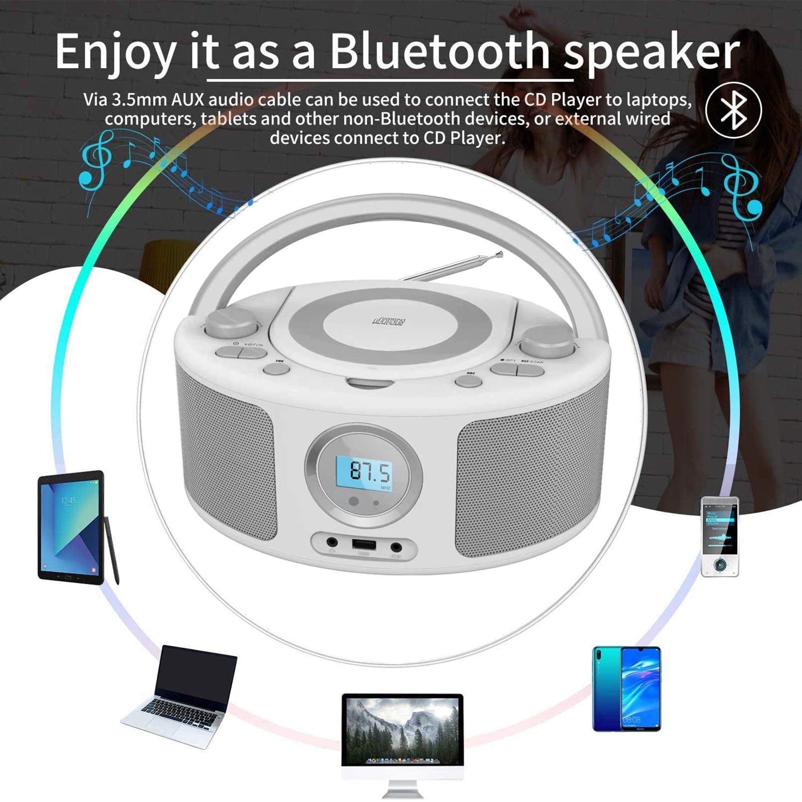 Portable CD Player Boombox with Bluetooth, FM Radio & Remote Control - USB/AUX Input, CD-R/CD-RW/MP3/WMA Playback, AC/Battery Powered (WTB-791) - Perfect for Home, Office, Travel & Outdoor Use
