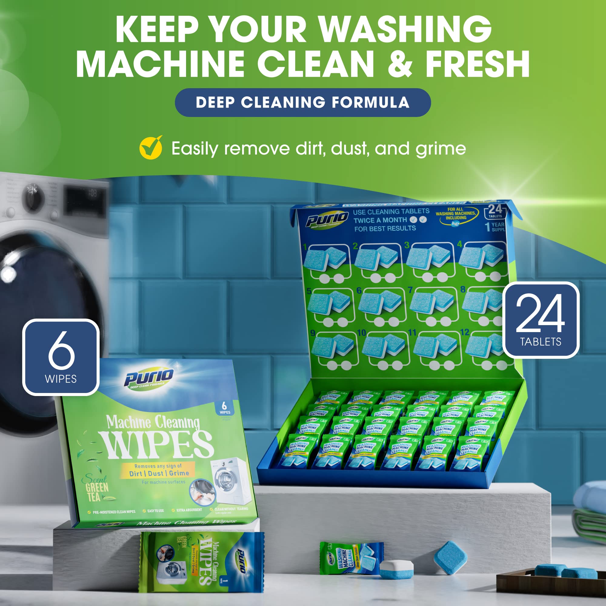 24-Count Washing Machine Cleaner Tablets - Deep Cleaning Formula for Top Load & Front Load Washers (Standard & HE) | Eliminates Odors, Mold & Residue for Fresh Laundry