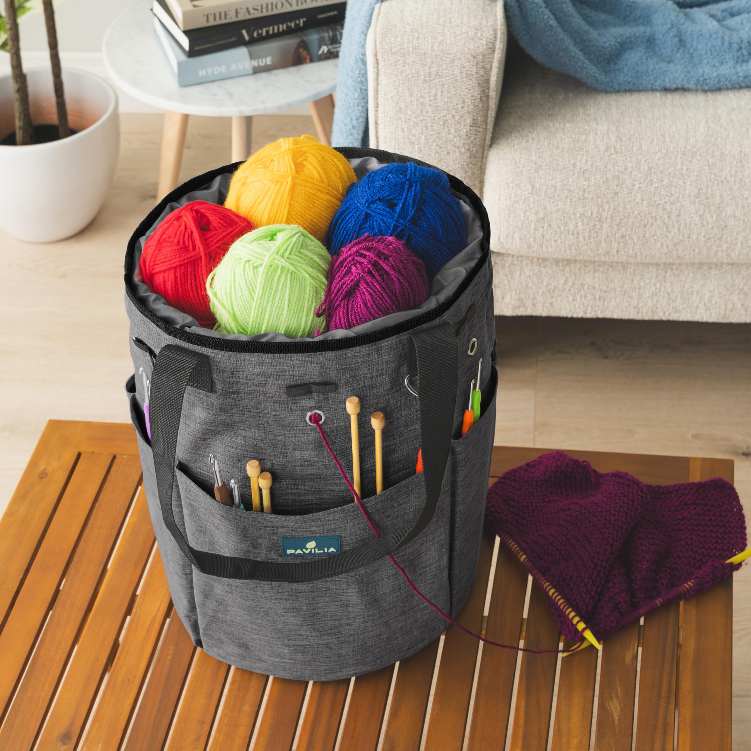 PAVILIA Crochet Knitting Bag Organizer with Grommets - Portable Yarn Storage Tote for Crafters & Knitters (Charcoal Gray) - Perfect Gift for Crochet Lovers