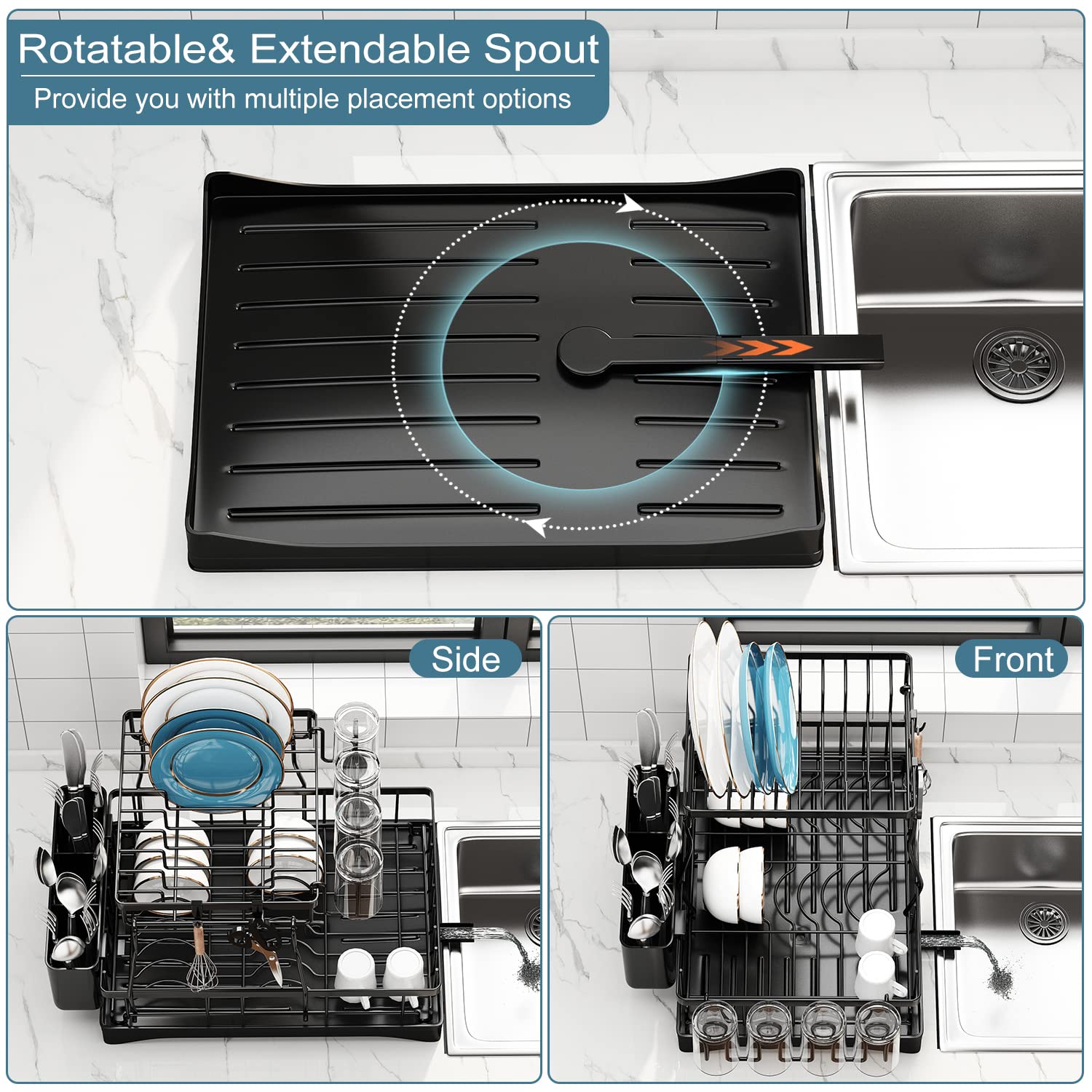 2-Tier Stainless Steel Dish Drying Rack with Drainboard & Utensil Holders - Large Space-Saving Kitchen Counter Organizer for Plates, Cups & Cutlery - Perfect for Small Kitchens, Apartments & RV Use
