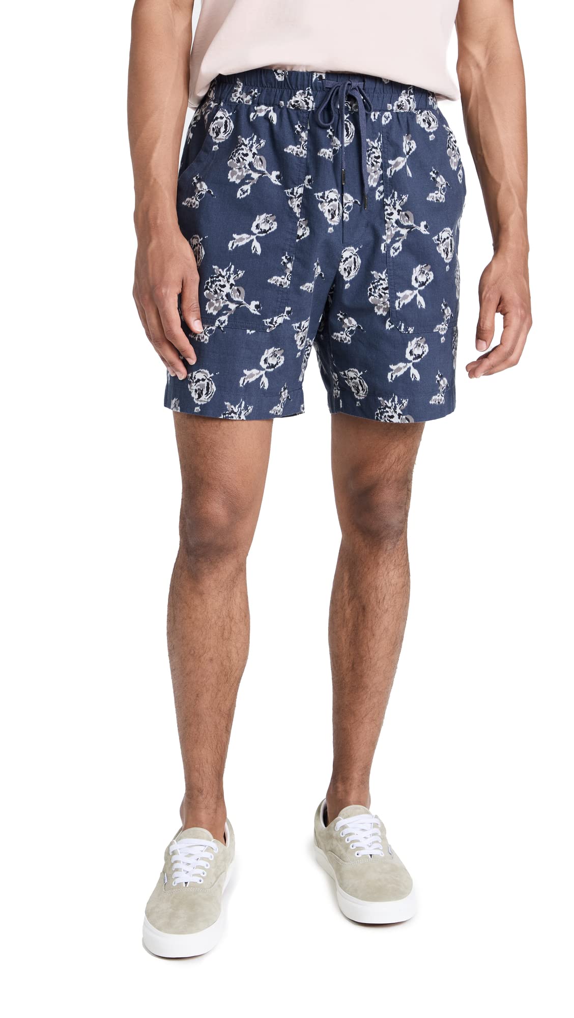 Vince Men's Ikat Floral Print Pull On Shorts - Comfortable Stretch Fabric Casual Shorts for Summer, Beach, Travel & Lounge Wear