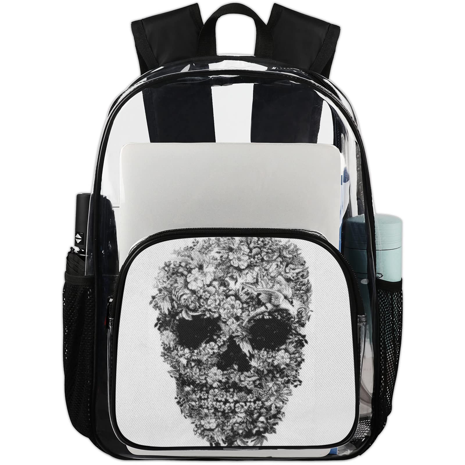 Skull Flower Clear Backpack - Heavy Duty PVC Transparent Mini Bookbag for School, Work & Security - Durable Skeleton Design for Women, Men & Girls - Perfect for Concerts, Travel & Theme Parks