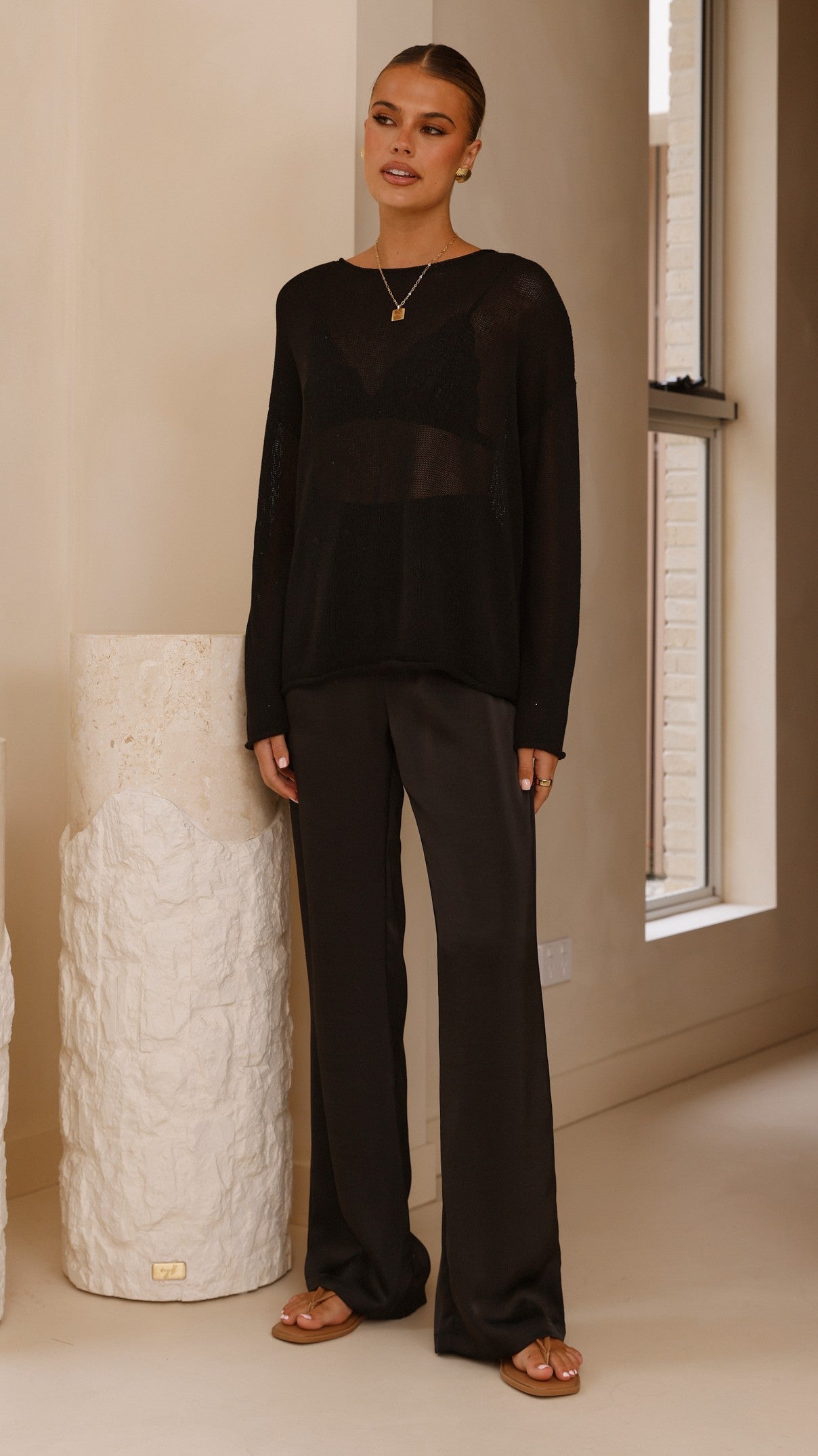 Lakoa Knit Top for Women - Soft Stretchy Comfortable Black Long Sleeve Shirt - Perfect for Casual Wear, Office, and Layering