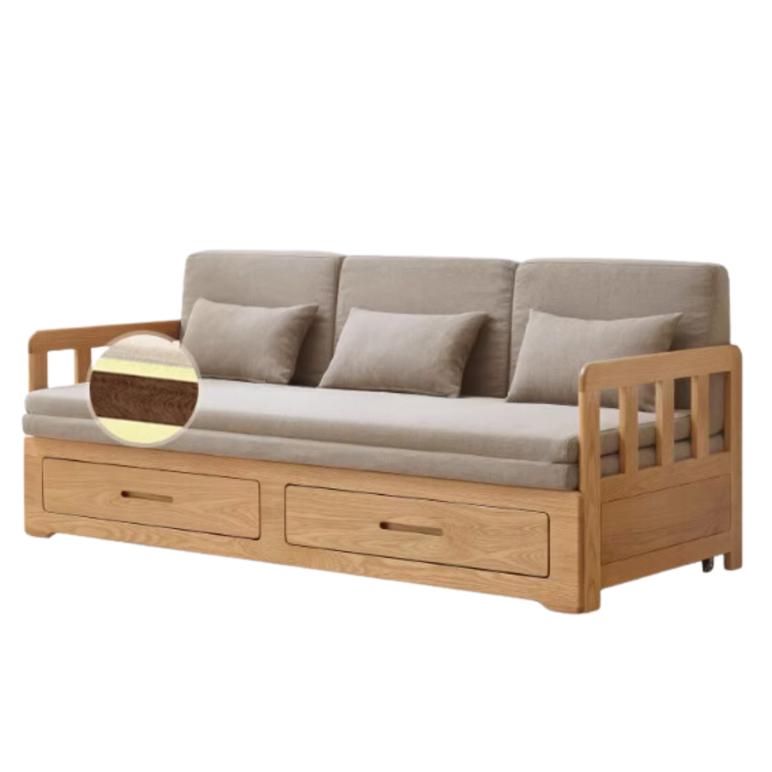 Solid Oak Wood Sofa Bed with Folding & Retractable Storage | Convertible Sleeper for Small Spaces, Guest Rooms & Apartments