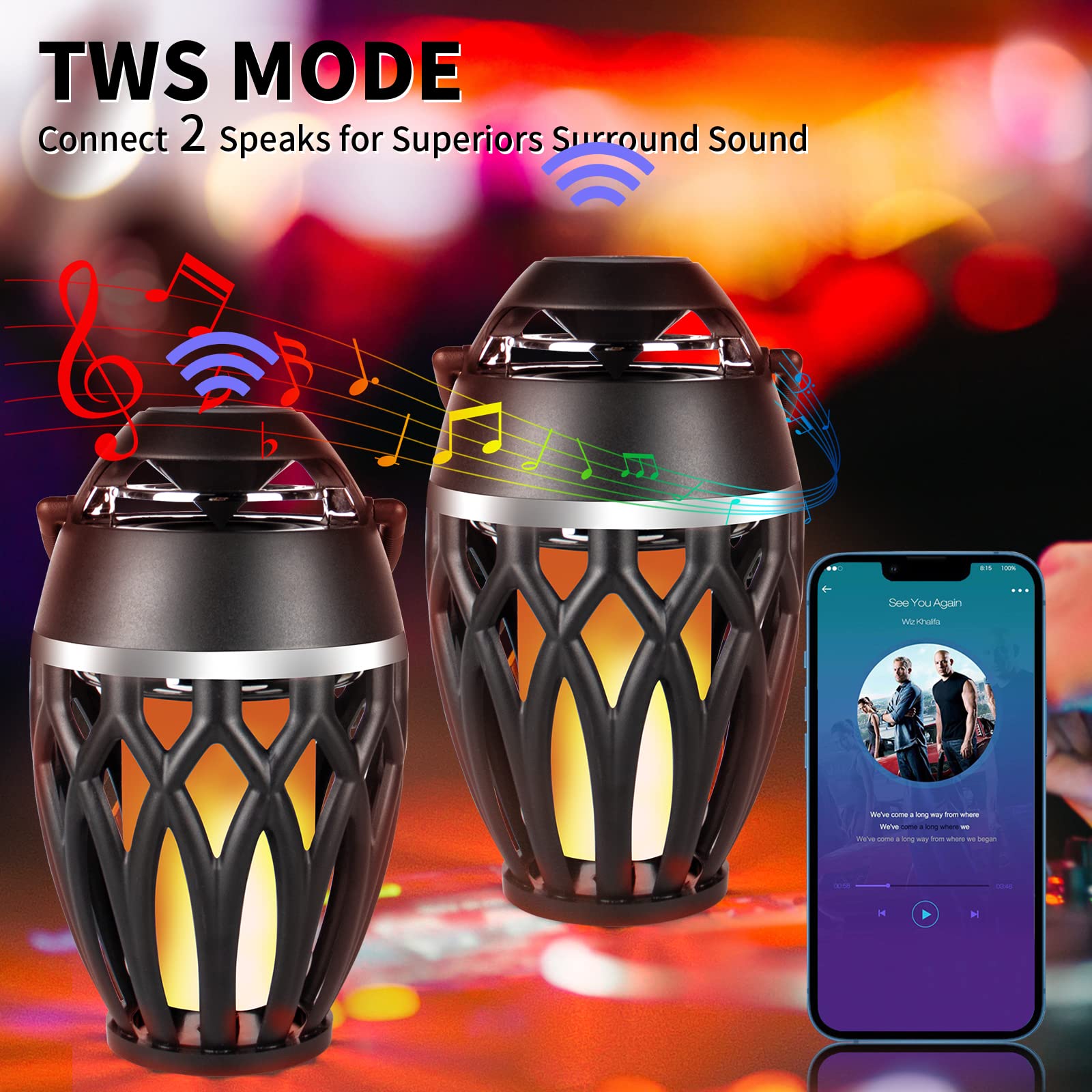 Vanten 2 Pack Outdoor Bluetooth Speakers with LED Flame Effect, Bluetooth 5.0, IPX5 Waterproof, Flame Torch Atmosphere Speaker, Perfect Gift for Men & Women, Ideal for Party, Garden, Home, Patio, Camping & Outdoor Adventures
