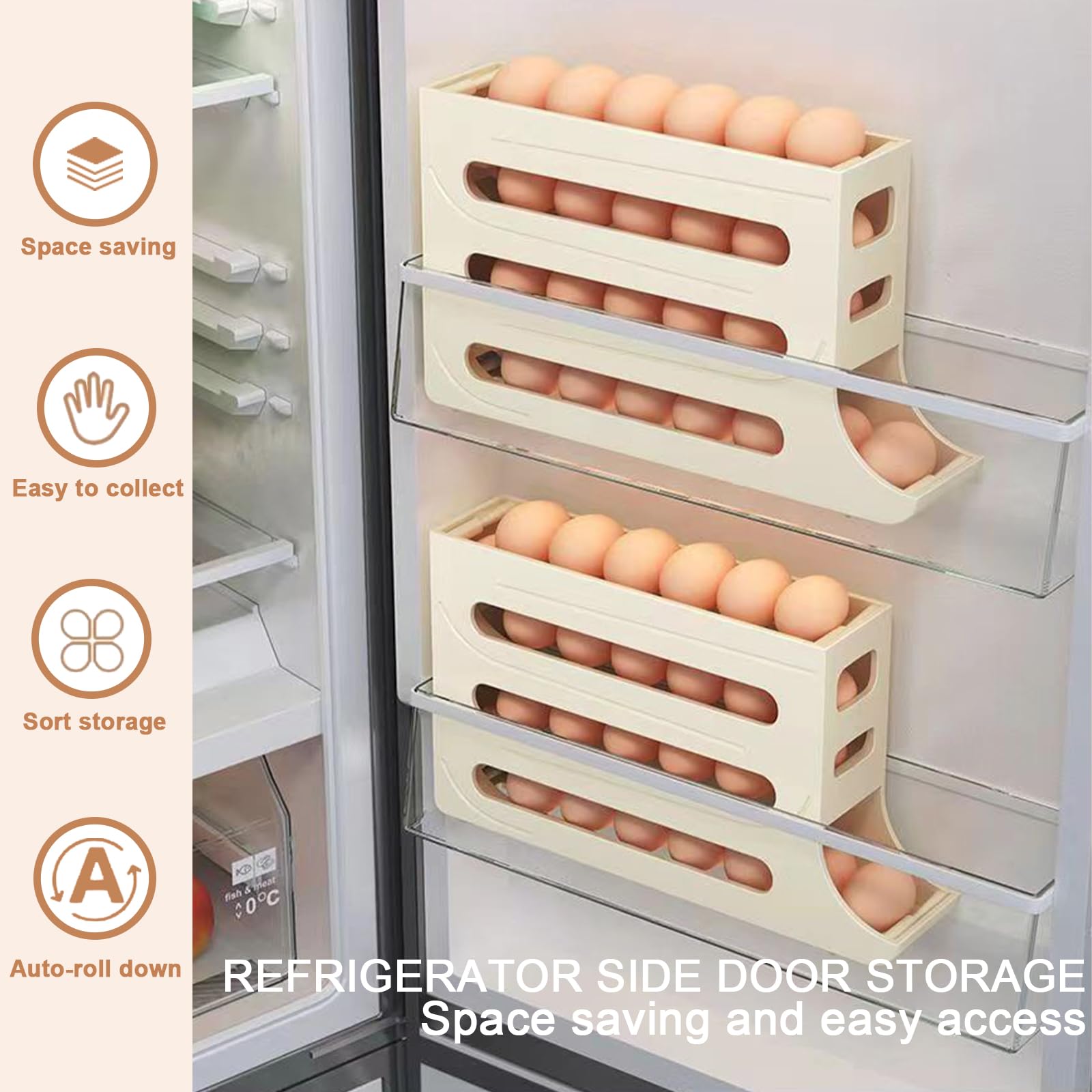 4-Tier Auto Rolling Fridge Egg Organizer - Space Saving Refrigerator Egg Holder & Dispenser - Yellow - Perfect for Kitchen Organization & Easy Breakfast Prep