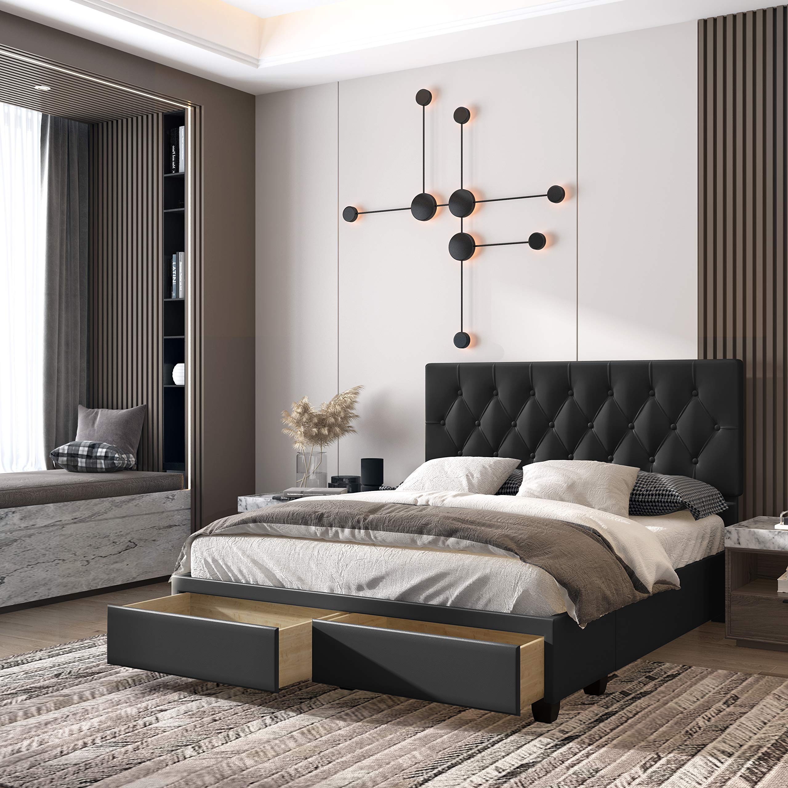 Boyd Sleep Verona Upholstered Platform Bed Frame with Headboard - Queen Size Black Faux Leather Storage Bed with Wood Slat Support | Button Tufted Design, Dual Front Drawers | Perfect for Small Bedrooms, Guest Rooms & Modern Apartments