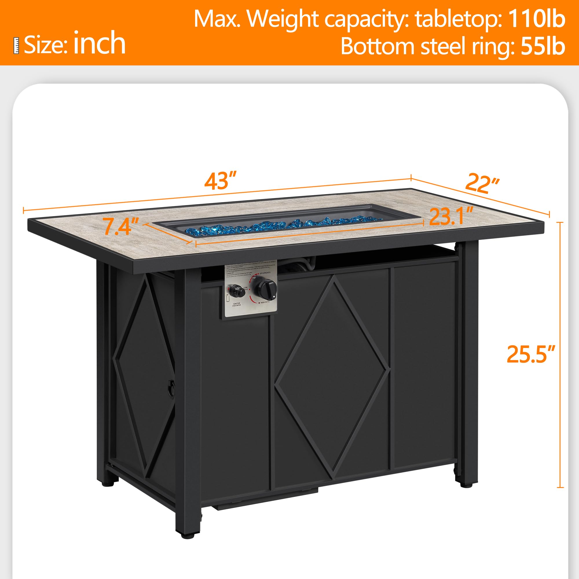 Yaheetech 43-Inch Rectangle Propane Fire Pit Table - 50,000 BTU Outdoor Gas Firepit with Ceramic Tabletop, Steel Base & Glass Fire Stones - Includes Waterproof Cover - Perfect for Patio, Backyard, Garden & Camping