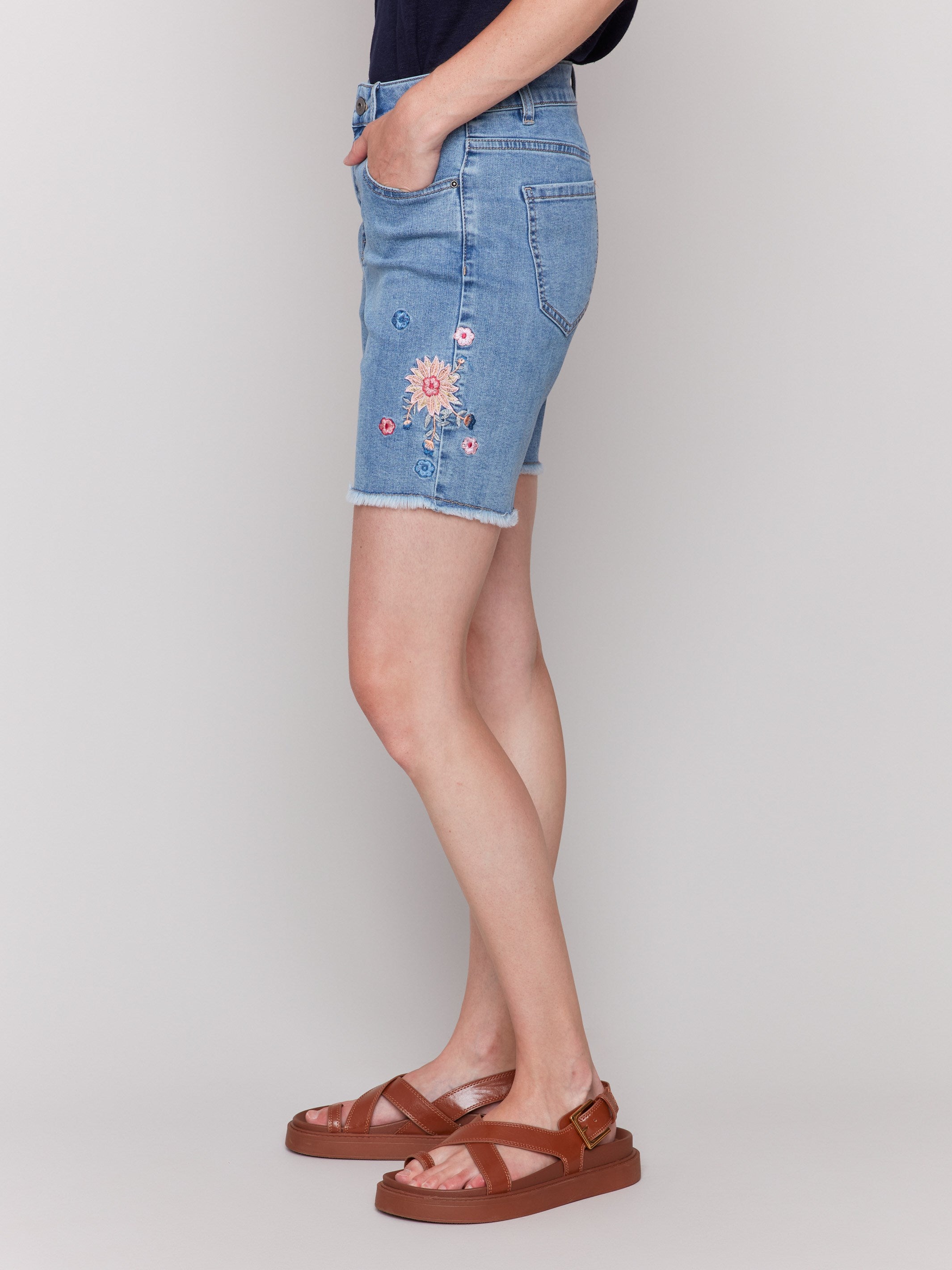 Embroidered Fringed Hem Denim Shorts for Women - Light Blue Distressed High Waisted Summer Shorts | Casual Outfit, Beach Wear, Festival Fashion