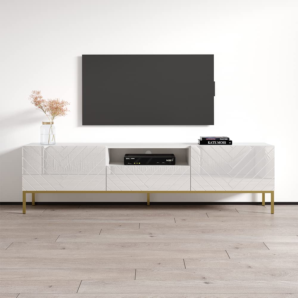Mid-Century Modern TV Stand with Storage Drawers - 85 Inch Media Console Table for Living Room, White Rectangular Entertainment Center - Perfect for Home Theater Setup & Living Room Organization