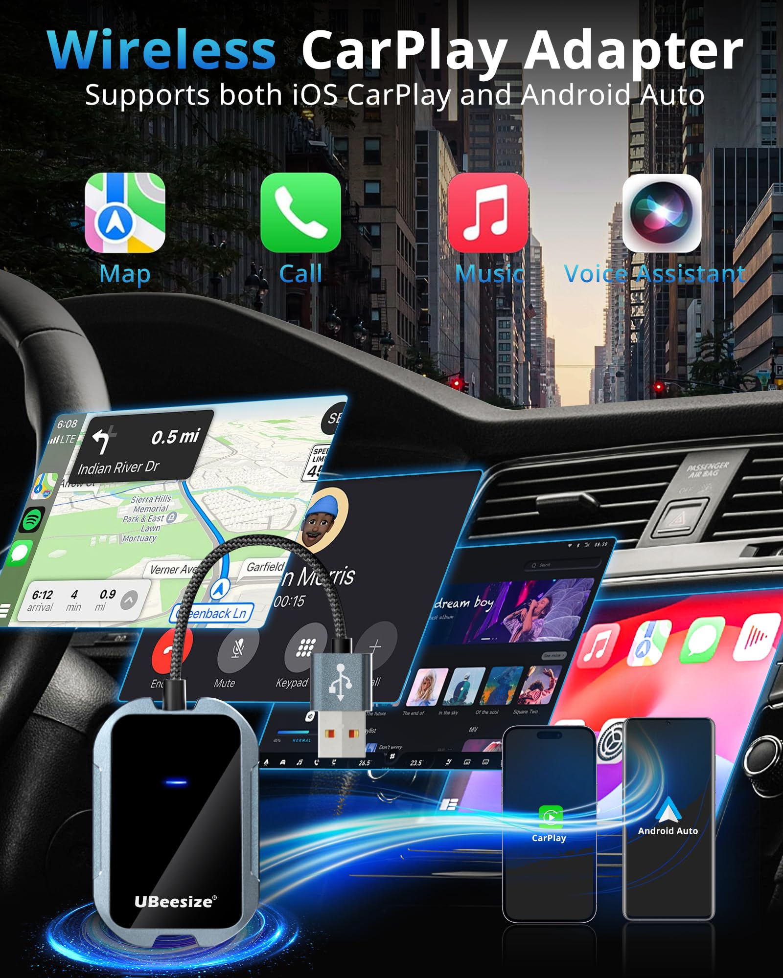 UBeesize Wireless CarPlay Adapter (2025) - Seamless Wireless Upgrade for 2017+ Cars | iPhone & Android Compatible | Plug & Play for Hands-Free Driving & Music Streaming