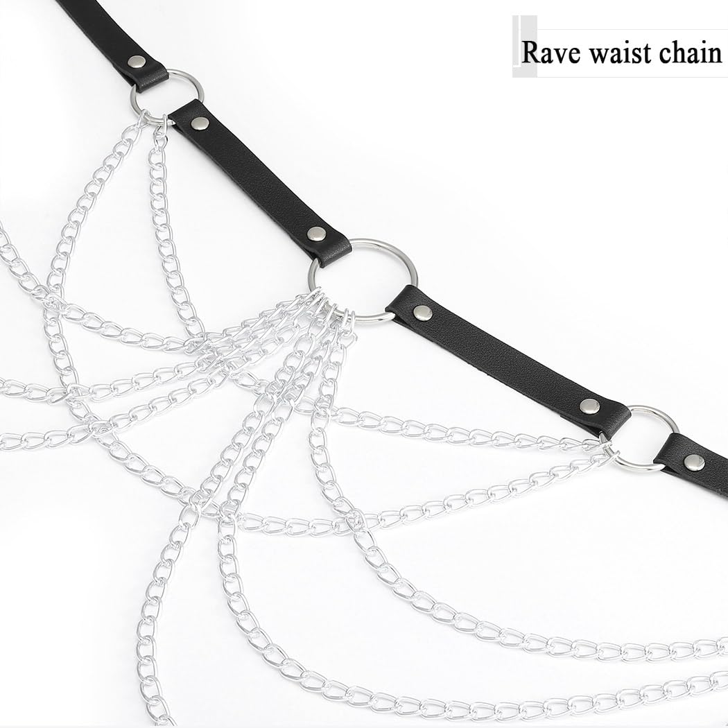 Flovel Punk Black Leather Body Chain - Multilayered Waist & Belly Chain Jewelry for Women | Gothic, Rave & Festival Fashion Accessory | Perfect for Concerts, Parties and Biker Outfits