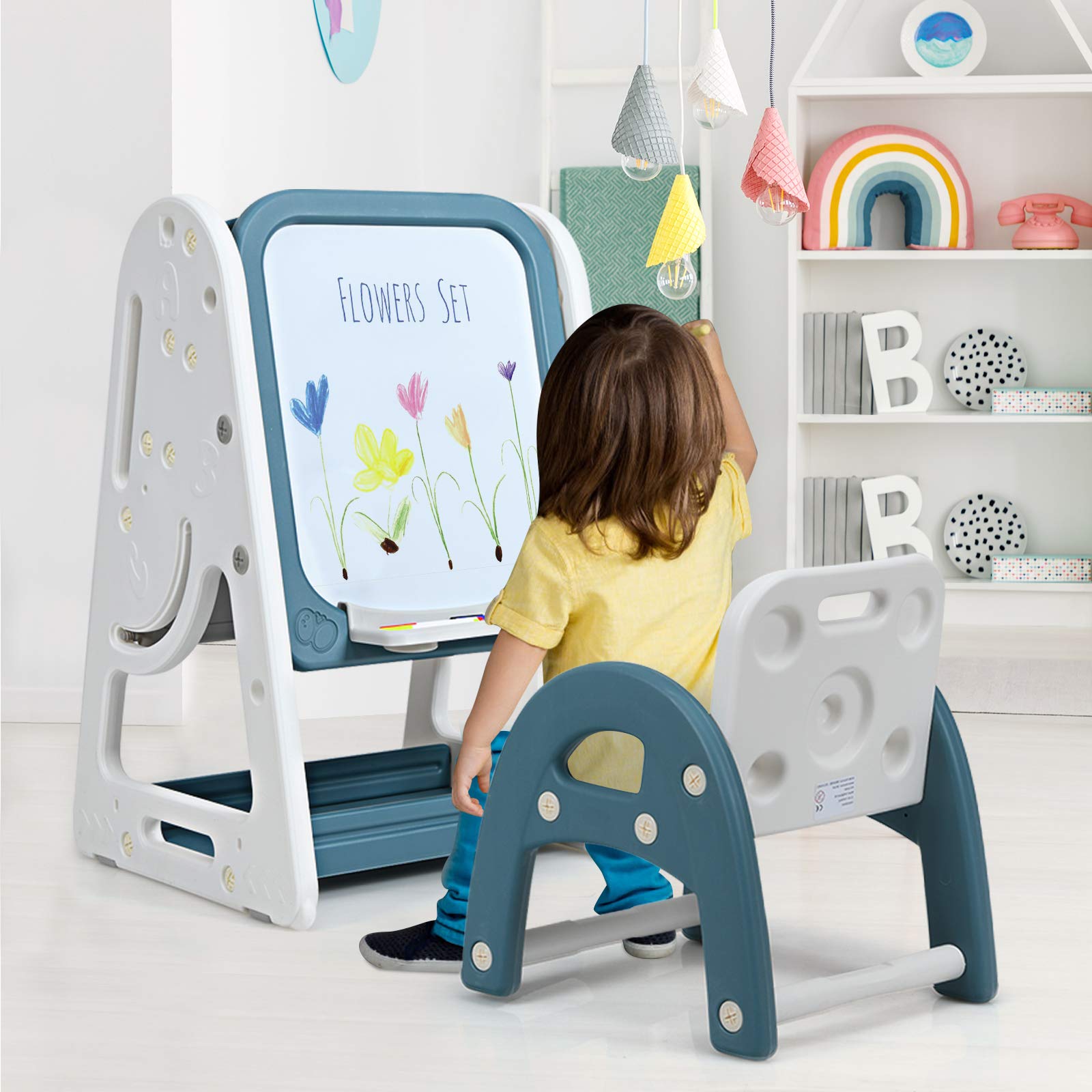 Costzon 3-in-1 Adjustable Kids Art Easel with Stool - Double-Sided Magnetic Whiteboard & Chalkboard, Foldable Desktop & Book Rack - Includes Alphabet & Number Magnets (Blue) - Perfect for Preschool Learning, Home Classroom & Creative Play