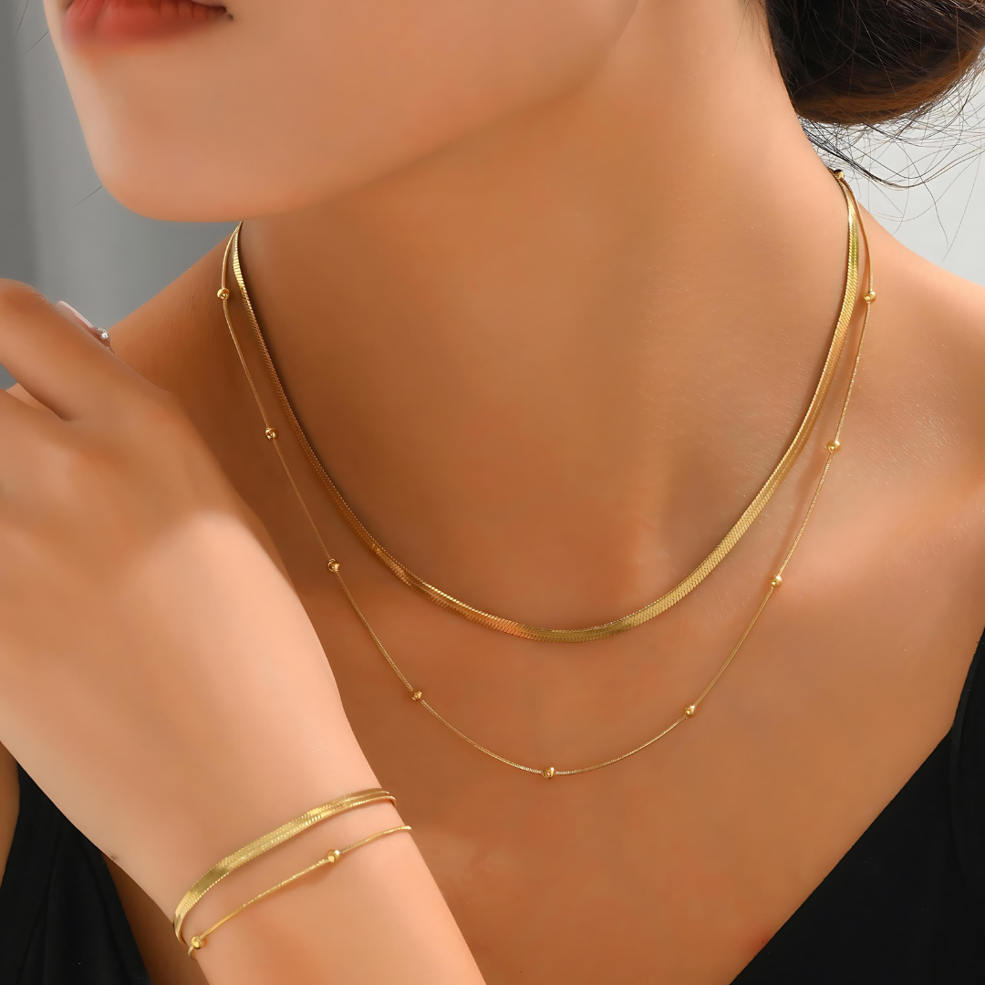 18K Gold Herringbone Chain Choker Necklace for Women - Layered Elegant Minimalist Jewelry Gift for Her | Perfect for Date Night, Wedding & Special Occasions | JDN627