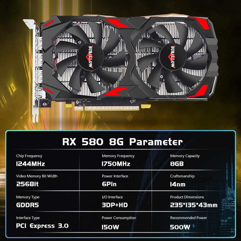 AMD Radeon RX 580 8GB GDDR5 256-bit Gaming Graphics Card with Dual Fans | PCIe 3.0 | HDMI/DP Ports | High Performance for PC Gaming, VR & 4K Video Editing