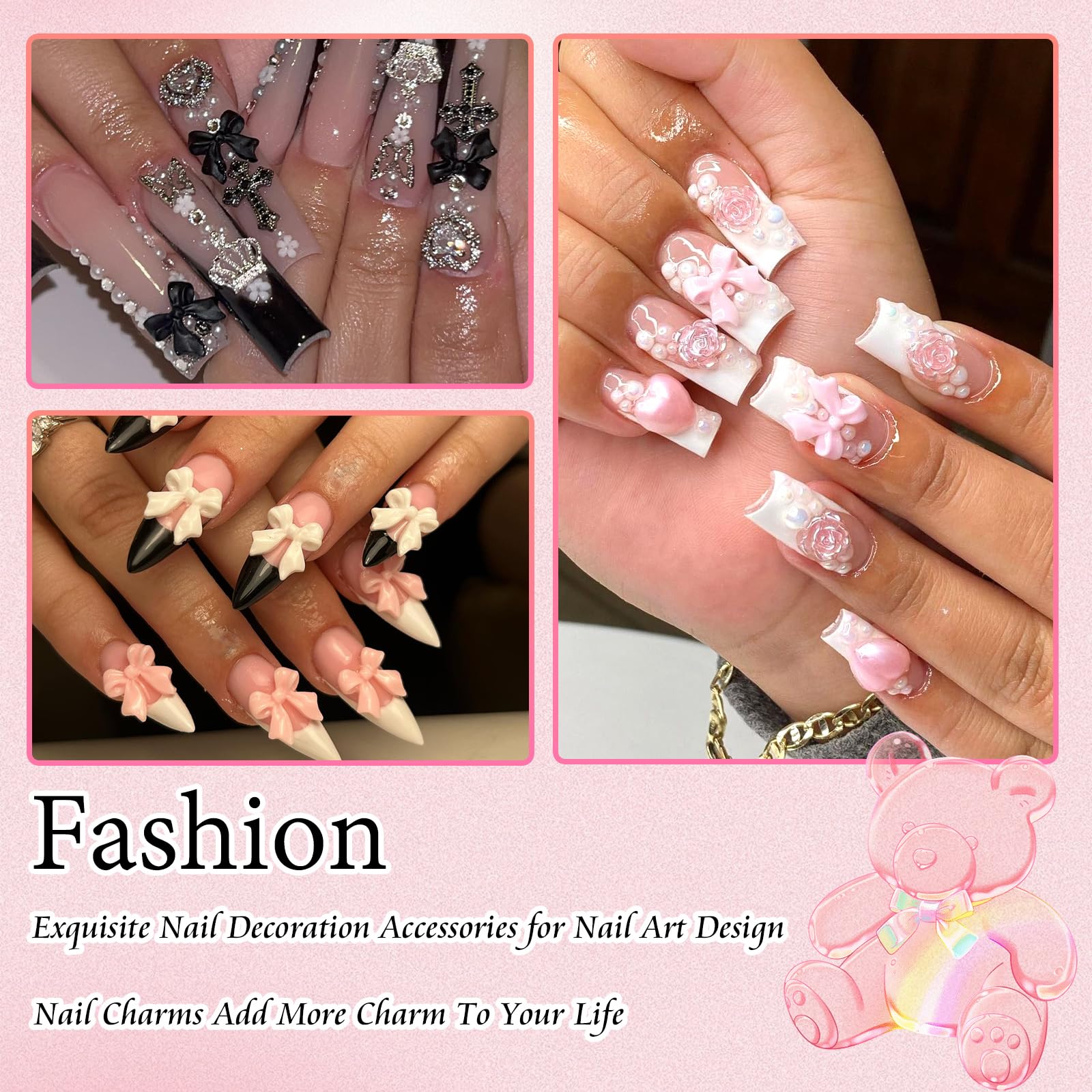 RODAKY 3D Bow Nail Charms with B7000 Glue - White Heart Pearls for Acrylic Nails & DIY Nail Art