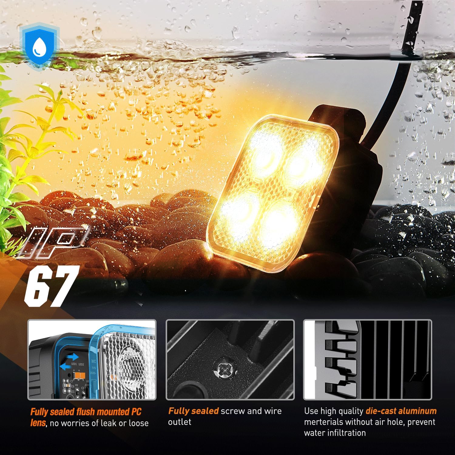 3 Inch 15W 2100LM Square Amber LED Work Lights with Built-in EMC (Pair) - Durable Flood Lights for Trucks, Off-Road Vehicles, Construction Sites & Emergency Lighting