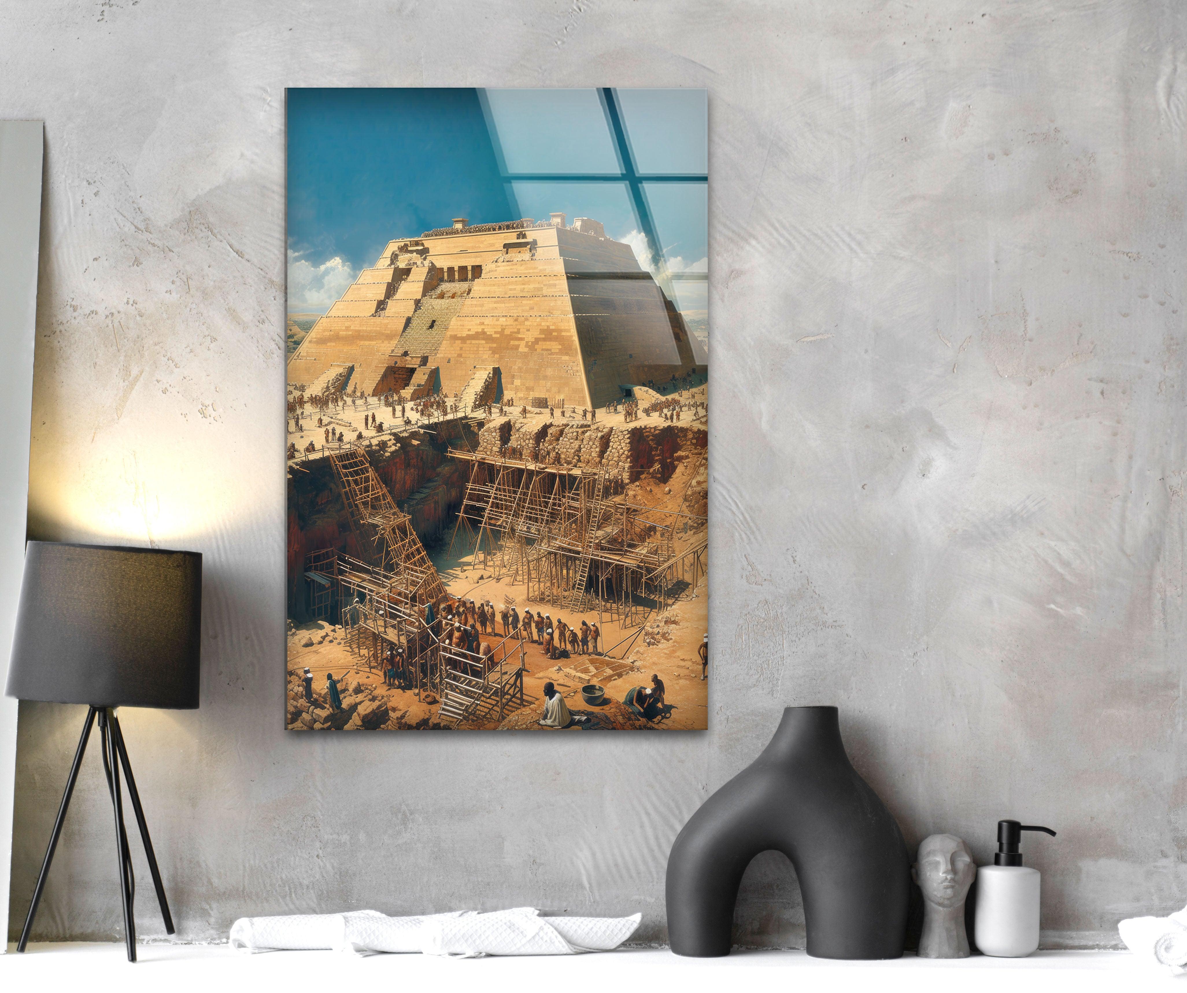 Ancient Pyramid Construction Glass Wall Art - Handmade Egyptian History Decor for Home & Office - Perfect for Living Room, Bedroom, or Office Wall Decor