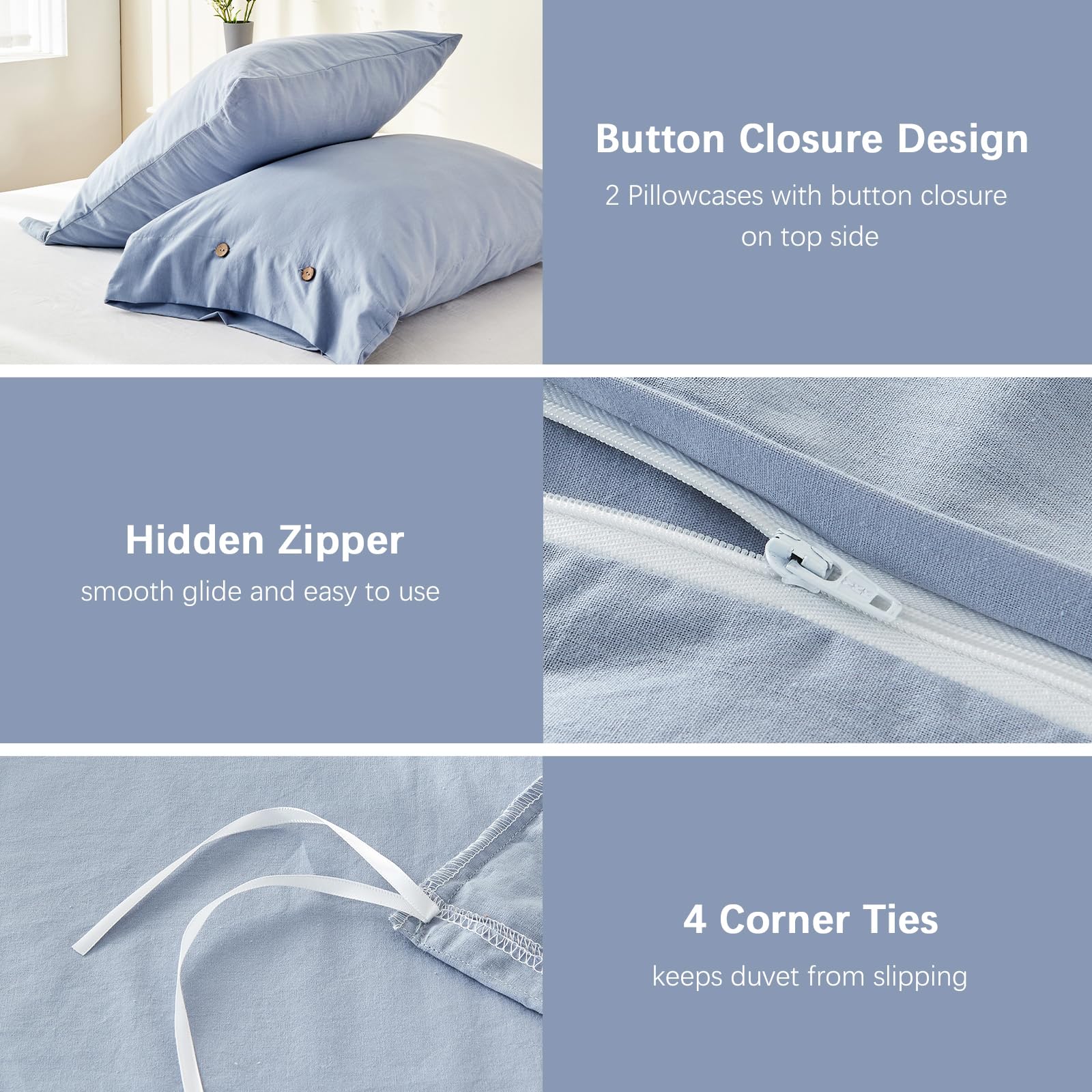 King Size Duvet Cover Set - 3 Piece Washed Cotton Blue Bedding with Zipper Closure | Breathable Linen-Like Texture | Perfect for Master Bedroom & Guest Room Decor