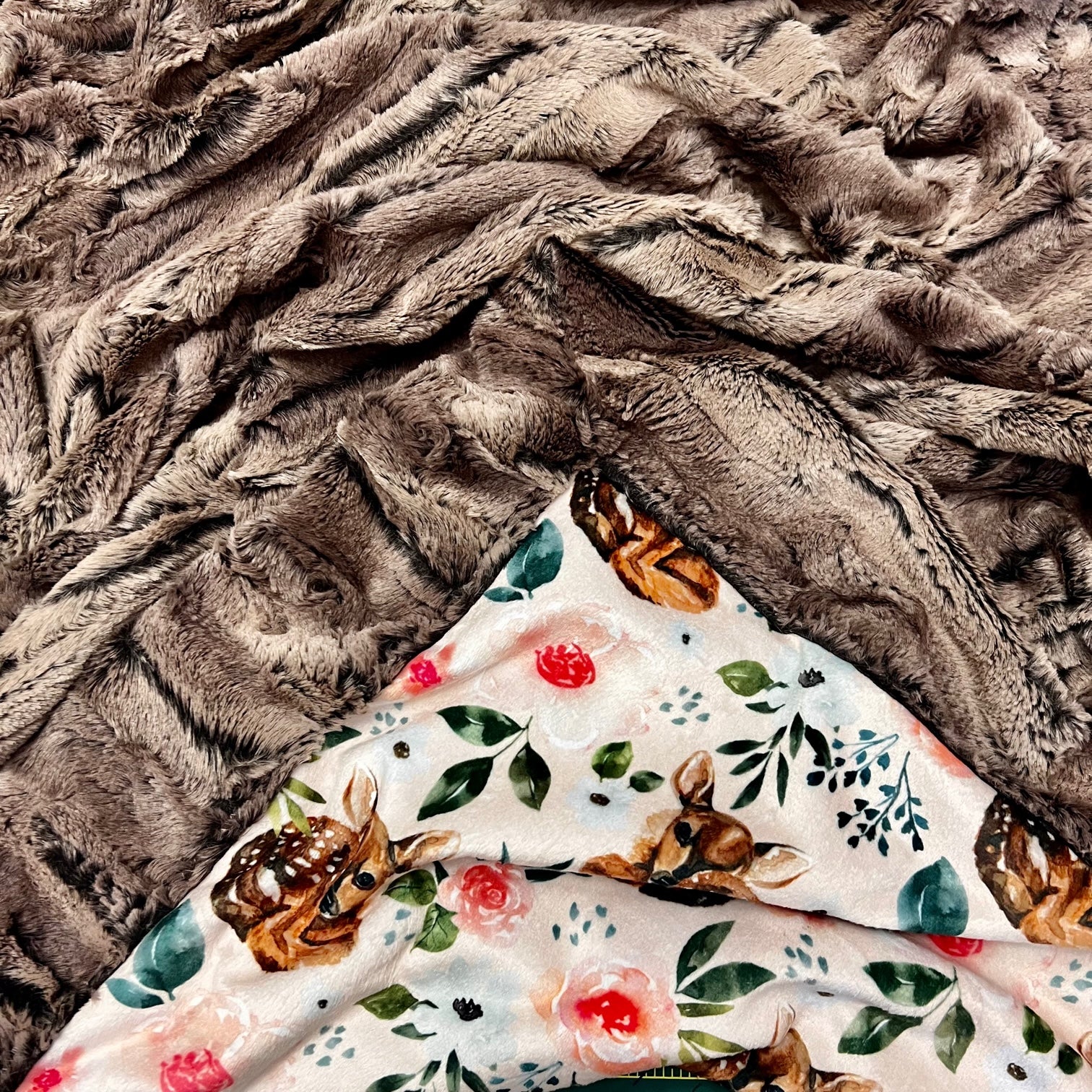 Soft Pink Deer & Floral Minky Baby Blanket 34x45 - Cozy Fox & Chestnut Design for Nursery, Stroller, and Swaddle