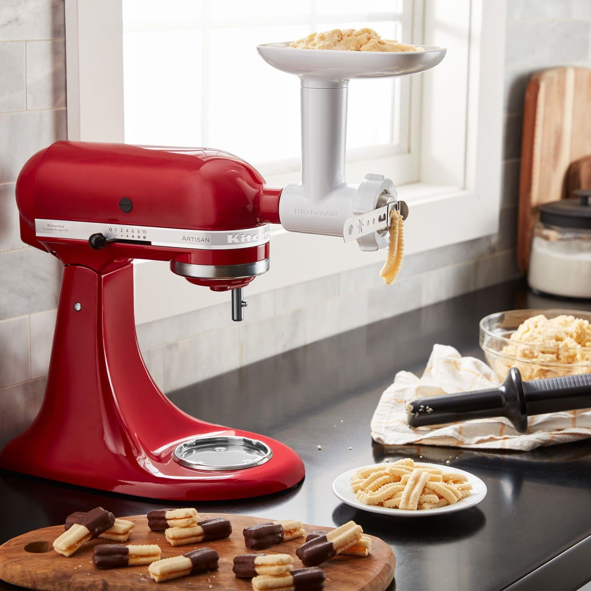 KitchenAid Cookie Press Attachment for Stand Mixers - Stainless Steel Cookie & Spritz Gun with 12 Discs - Perfect for Holiday Baking, Party Treats & Homemade Cookies
