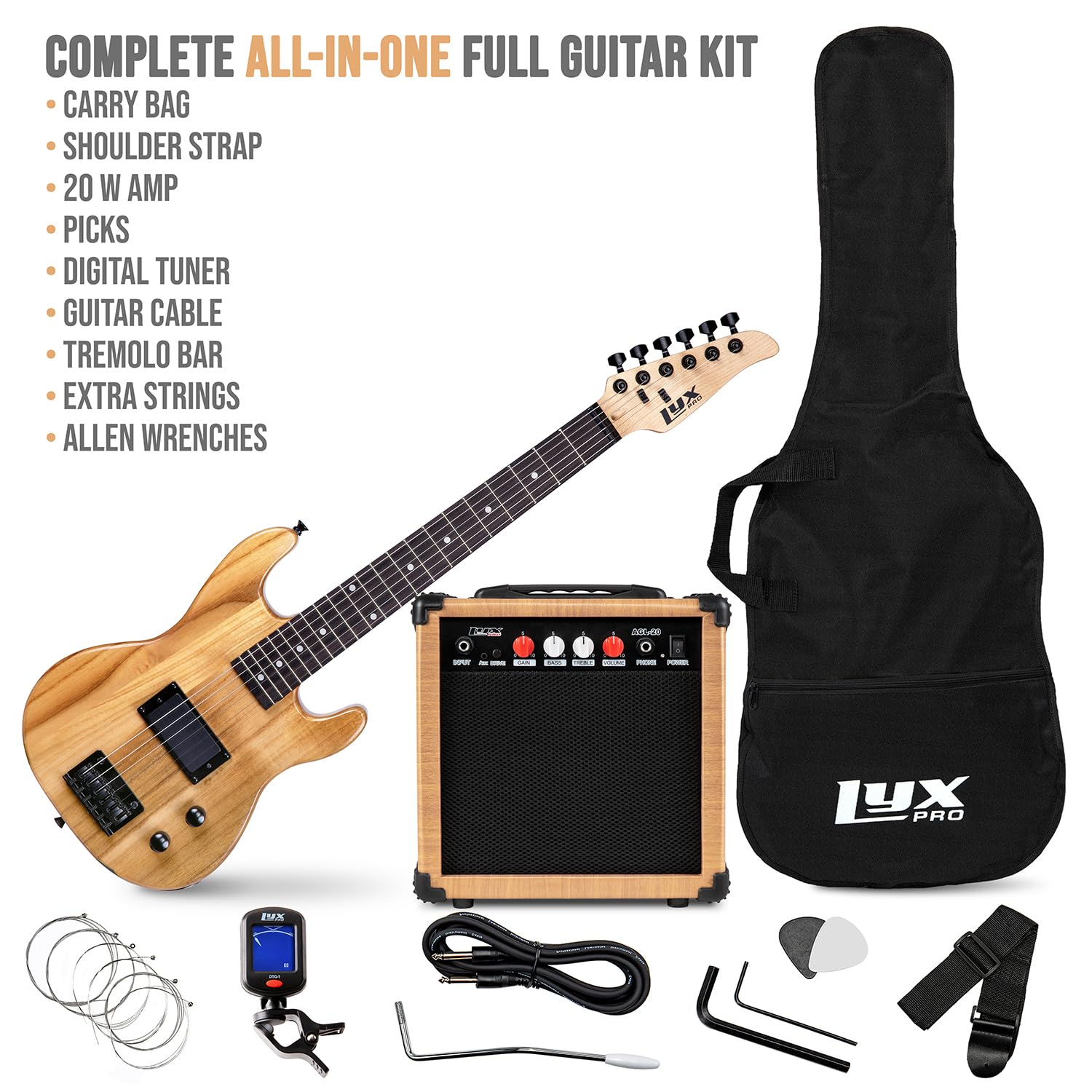 LyxPro 30 Inch 3/4 Size Electric Guitar Starter Kit for Beginners & Kids - Includes Amp, Digital Tuner, Picks, Strap, Cable & Gig Bag - Perfect for Learning, Practice & Home Performances (Natural)