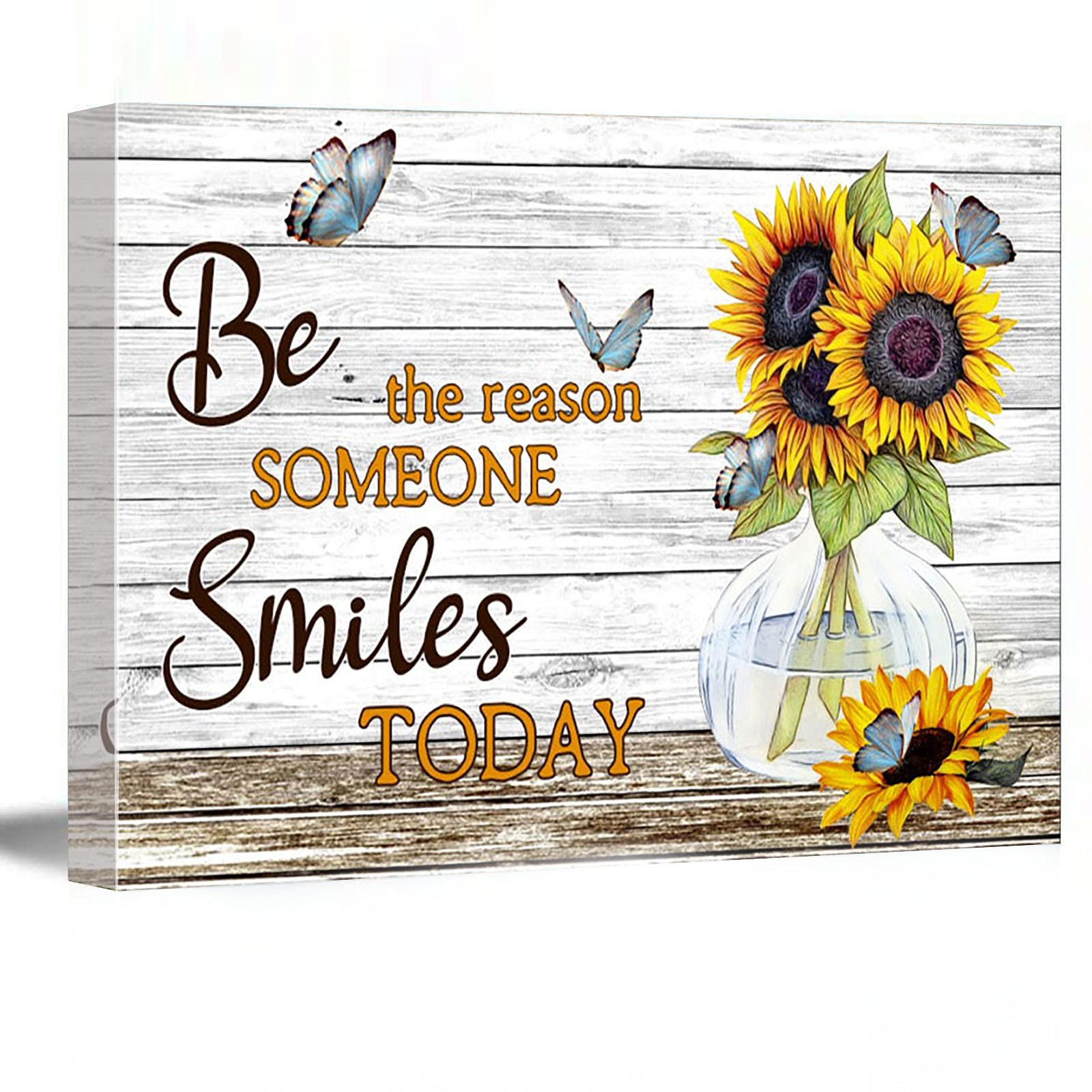 Banksy Canvas Wall Art - Framed Butterfly & Sunflower Wall Decor - 12x18 Inch Modern Home Decor - Be The Reason Someone Smiles Today - Perfect for Living Room, Bedroom & Office Decor