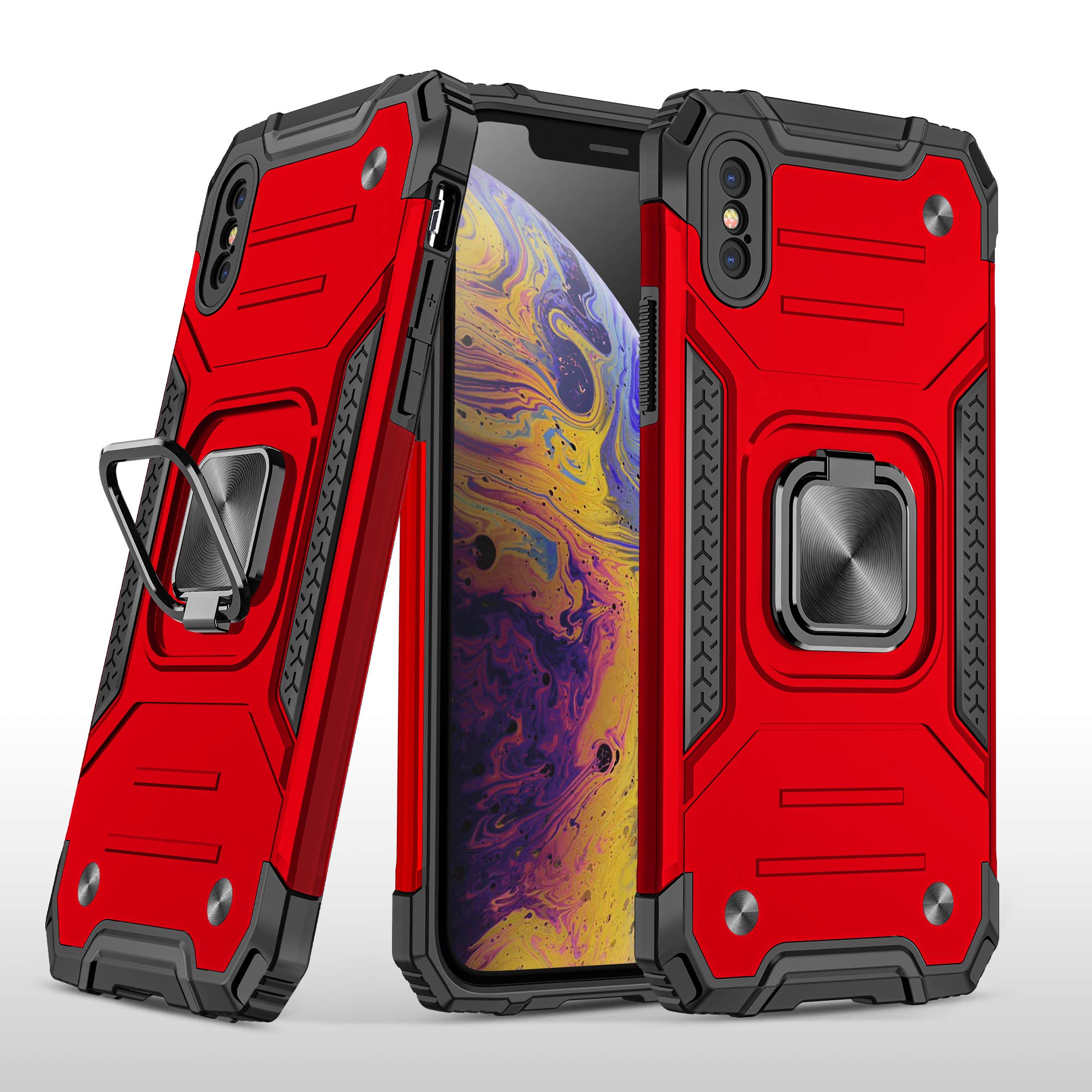 Reejax Rugged Shockproof iPhone Xs Max Case with Magnetic Ring Kickstand - Heavy Duty Protective Cover for Apple iPhone Xs Max (Red) - Perfect for Outdoor Activities, Work & Travel