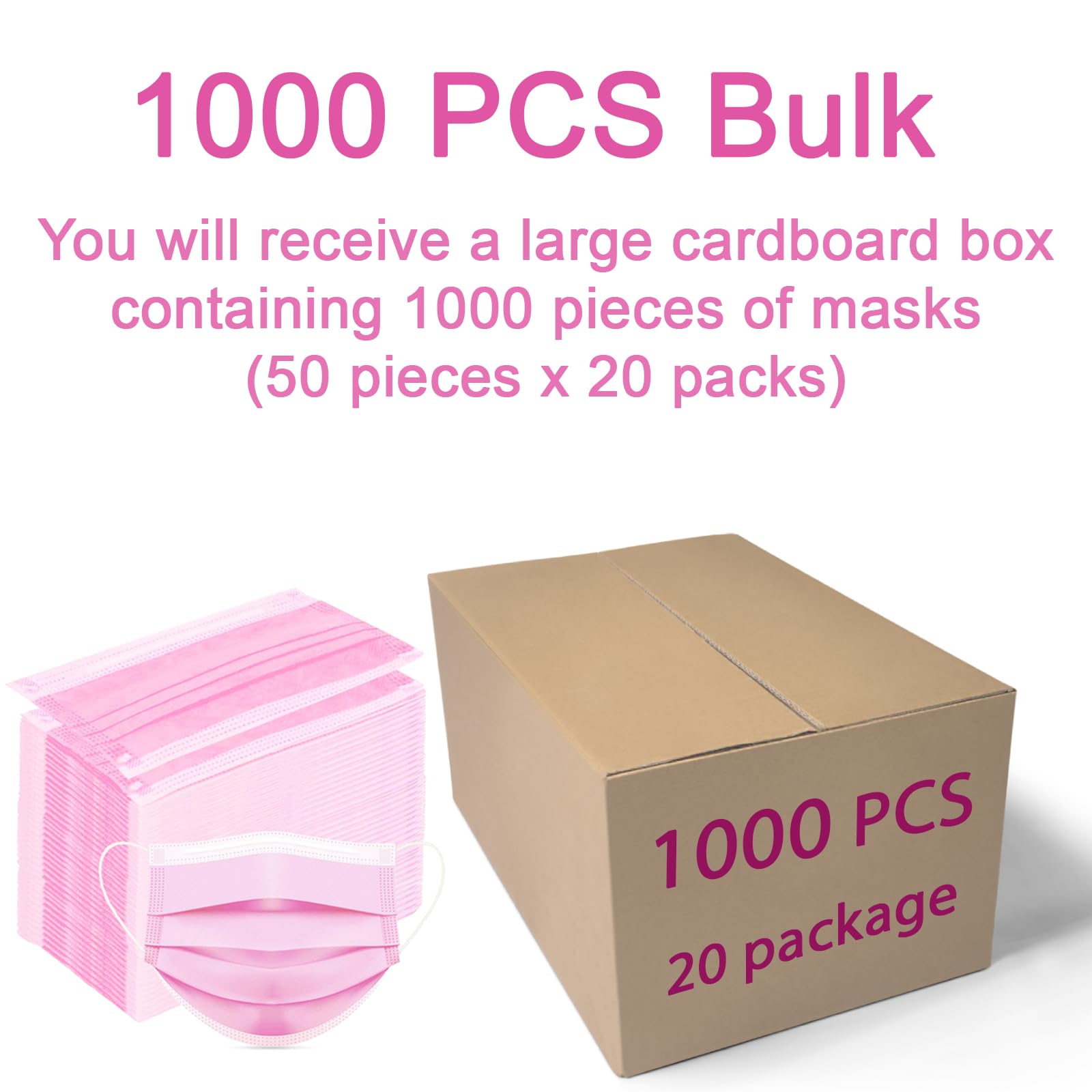 1000 PCS Bulk Pink Disposable Face Masks for Adults - 3-Ply Breathable Earloop Protection (50 PCS X 20 Pack) - Ideal for Daily Use, Travel, Work & Public Safety