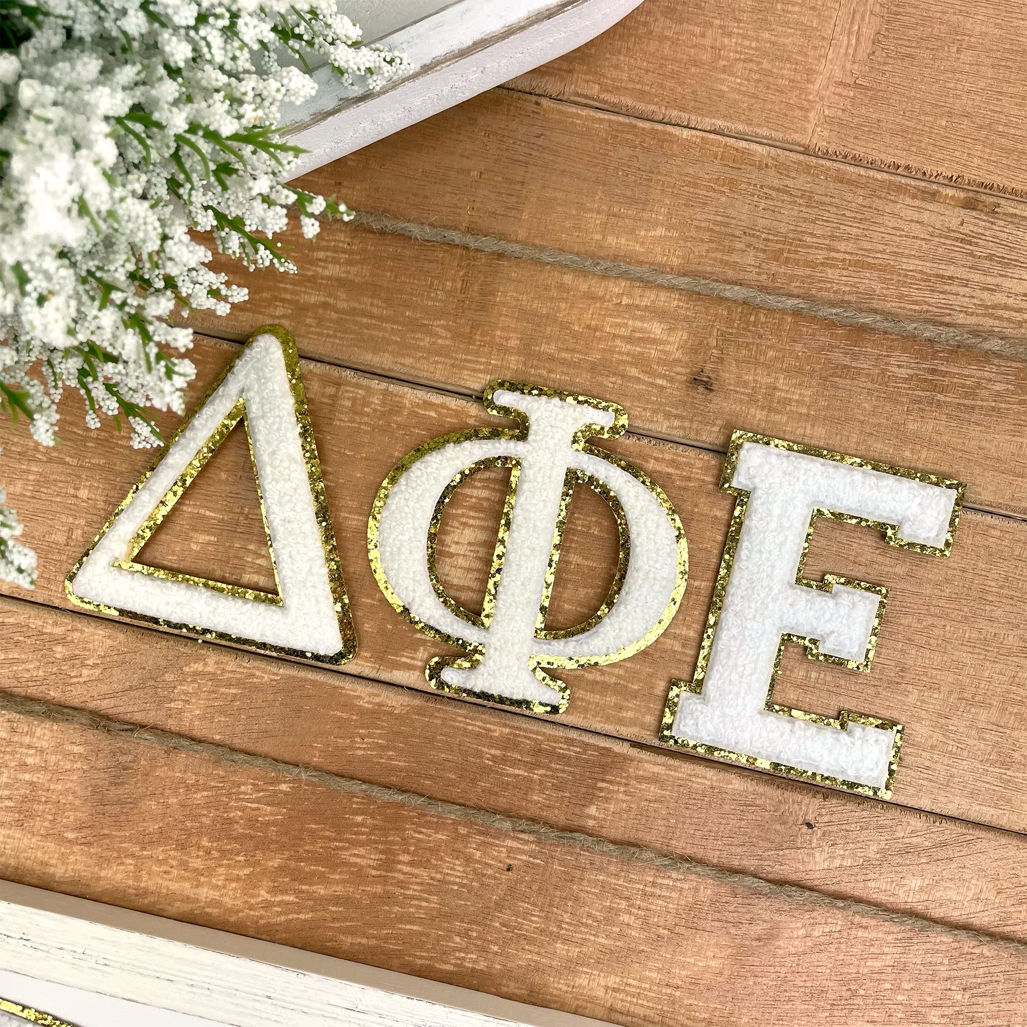 Delta Phi Epsilon Iron-On Greek Letter Chenille Patch Set - Sorority Apparel Accessories for Jackets, Bags & Hats | Greek Life Customization for College Students