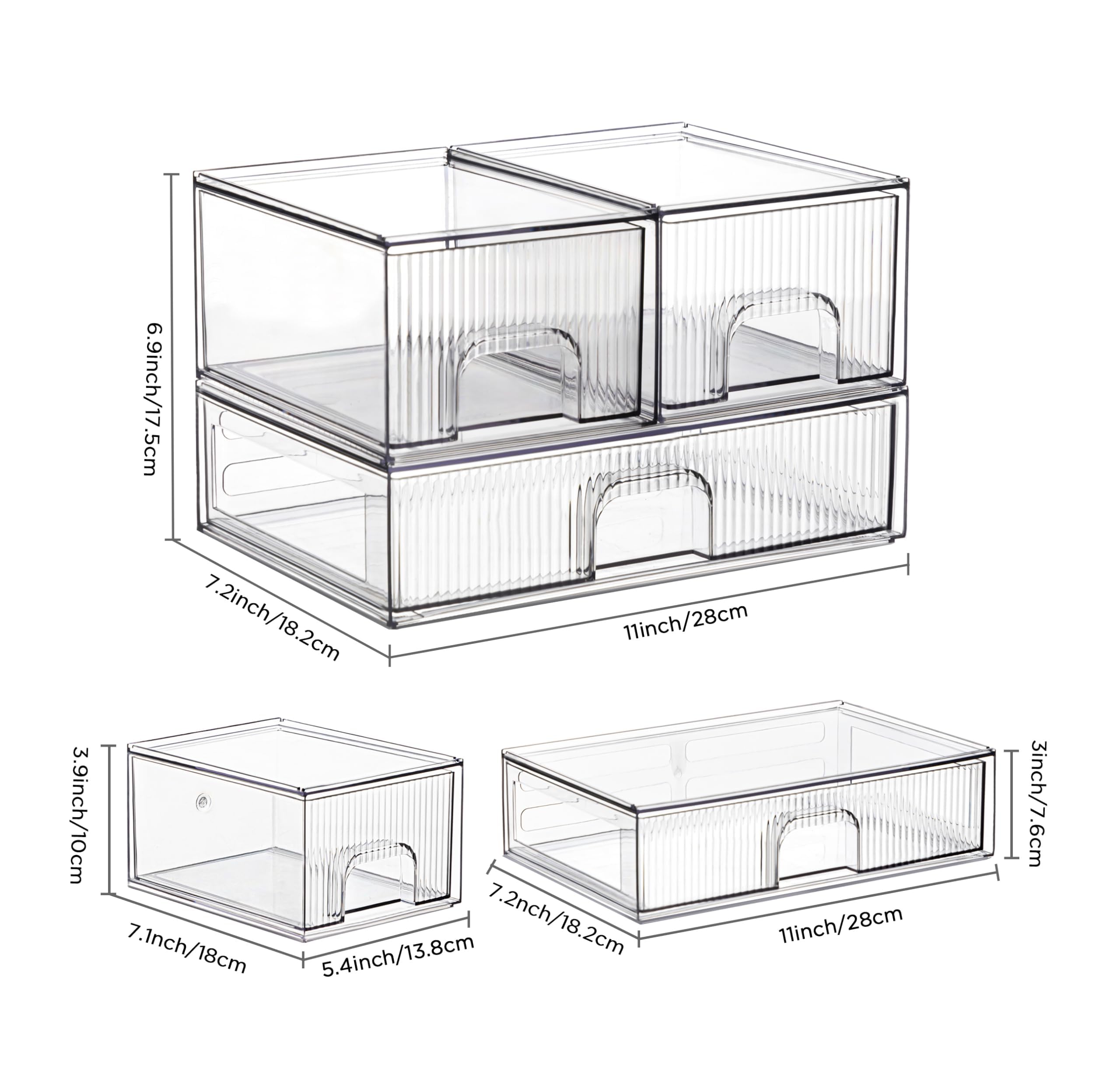 Clear Stackable Desk Storage Drawers - 3 Pack Acrylic Organizer Bins for Bathroom, Makeup, Pantry & Cabinet | Easy Assembly Multipurpose Plastic Drawers for Vanity, Undersink & Brightroom Organization | Perfect for Home, Office & Dorm Room Storage Solutions