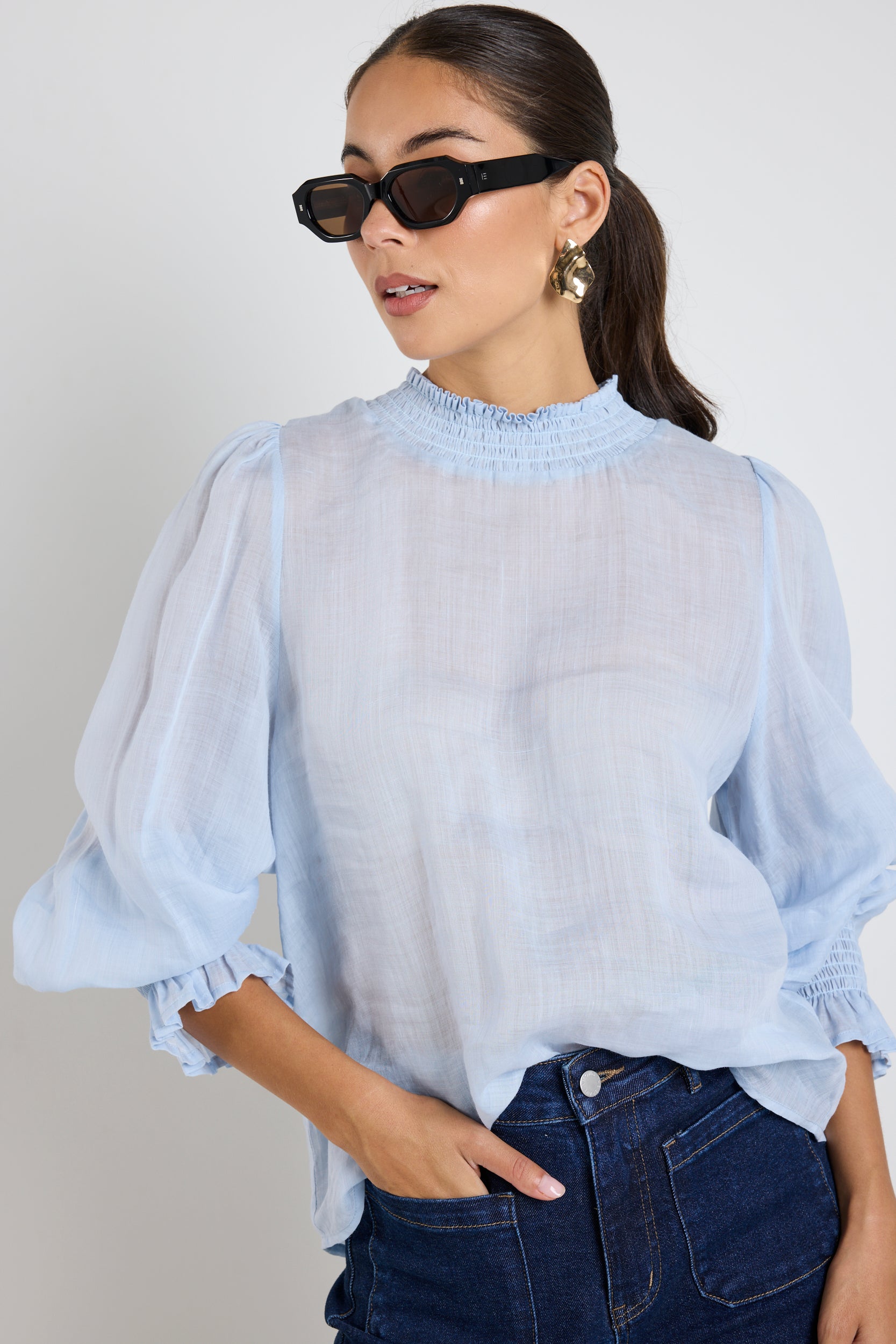 Embrace Ice Blue Ramie Shirred Neck Long Sleeve Top for Women - Boho Chic Blouse for Casual Wear & Summer Outfits