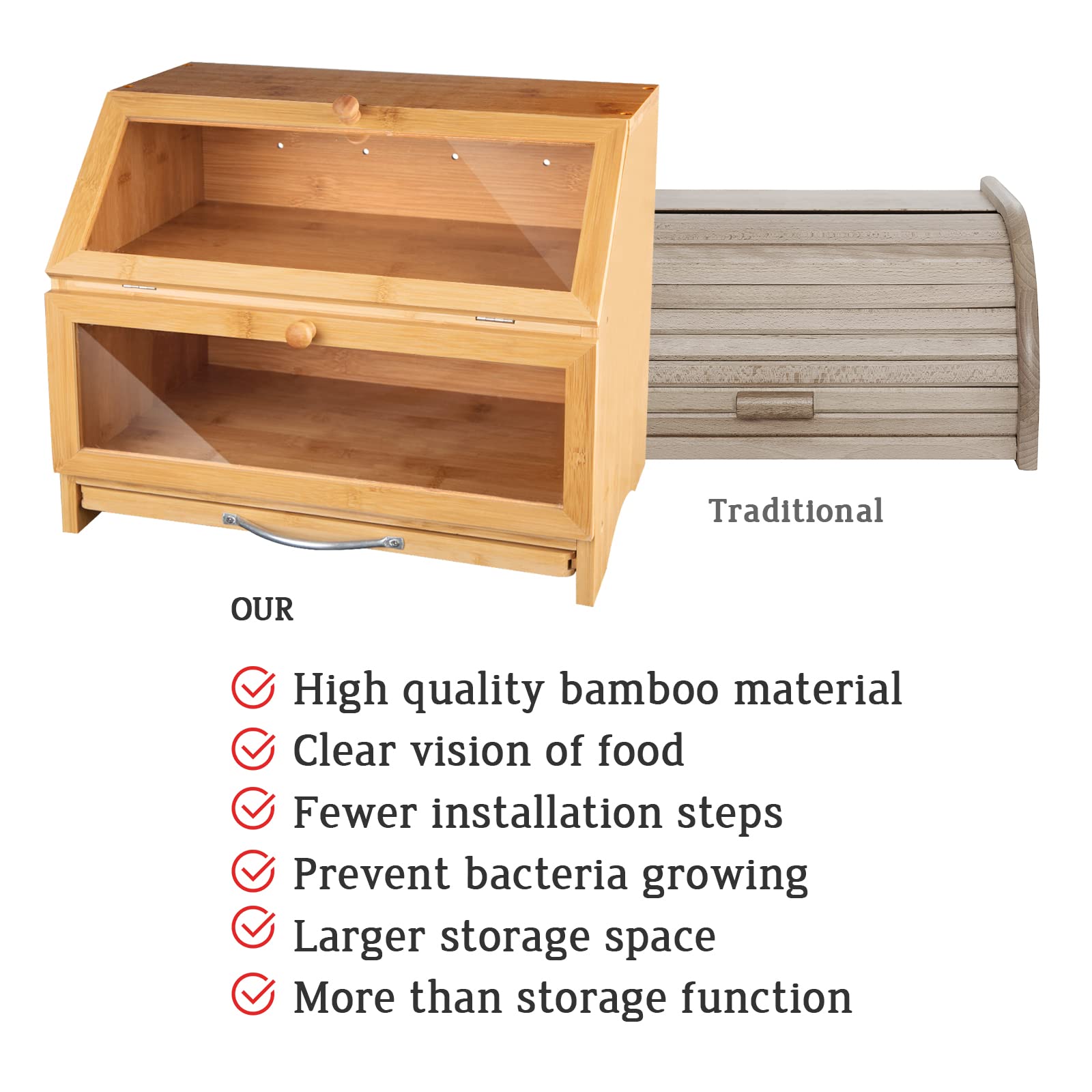 Double Layer Bamboo Bread Box with Clear Window - Large Capacity Kitchen Storage Container for Countertop, Includes Cutting Board & Stainless Steel Bread Knife (Self-Assembly) - Perfect for Bread Storage, Meal Prep & Organized Kitchen Counter