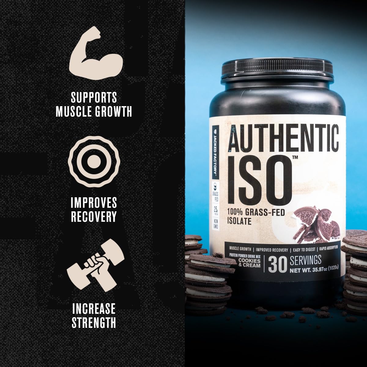 Jacked Factory Grass Fed Whey Protein Isolate Powder - Low Carb, Non-GMO, No Fillers for Muscle Building & Post Workout Recovery | Cookies & Cream Flavor | Ideal for Gym Enthusiasts & Athletes