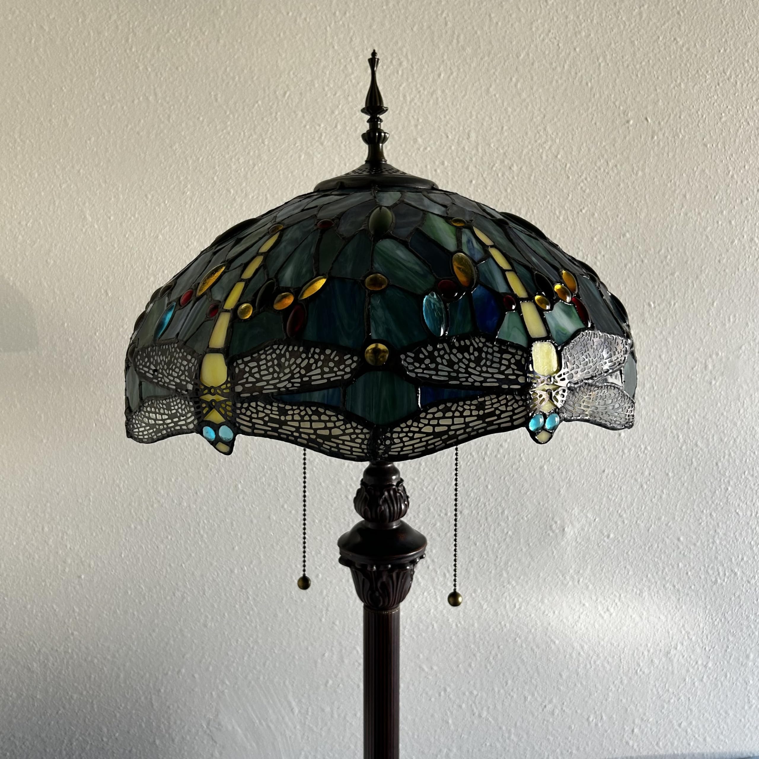 Tiffany Style Dragonfly Stained Glass Floor Lamp with Metal Base - Green & Blue Art Nouveau Design, Includes LED Bulbs (16