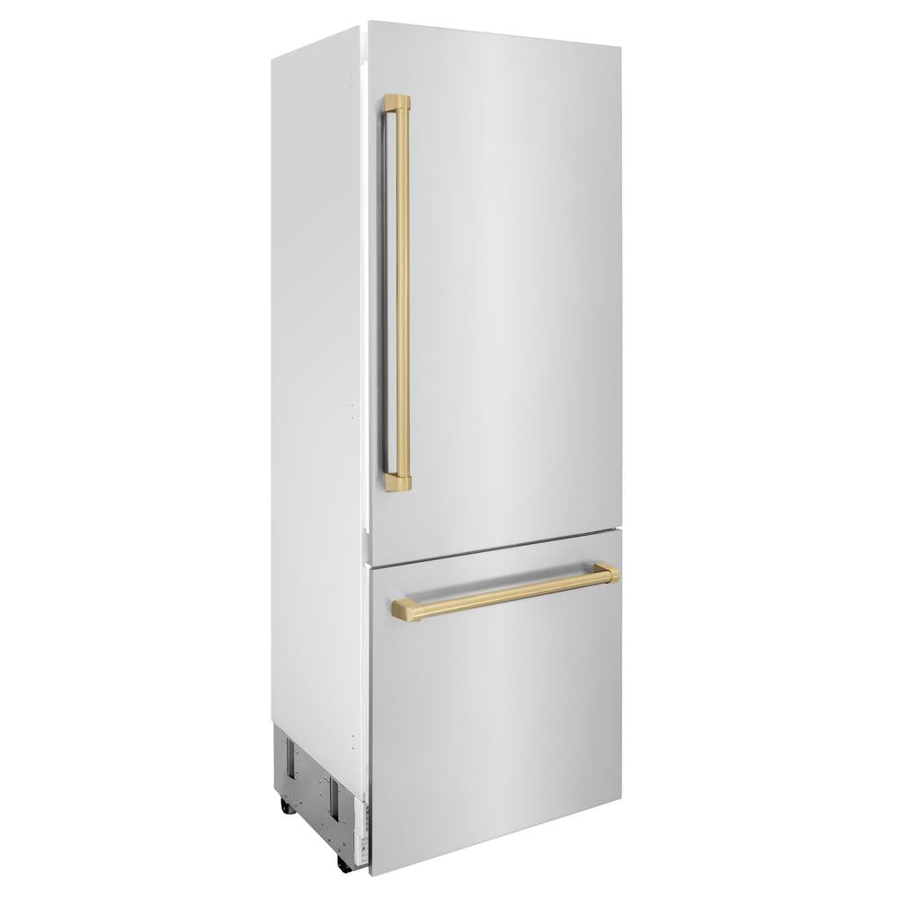 ZLINE Autograph Edition 30 Inch Built-In Bottom Freezer Refrigerator - 16.1 cu ft Stainless Steel with Champagne Bronze Accents - Water Dispenser & Ice Maker - Perfect for Modern Kitchens & Open Concept Homes (RBIVZ 304 30 CB)