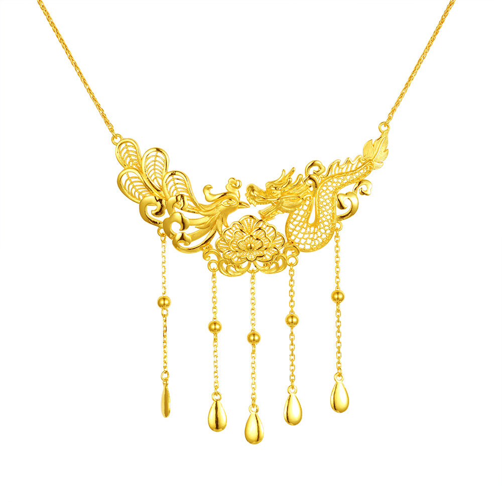 24K Gold Plated Dragon & Phoenix Pendant Necklace for Women - Elegant Chinese Wedding Jewelry Gift for Brides, Anniversaries & Special Occasions