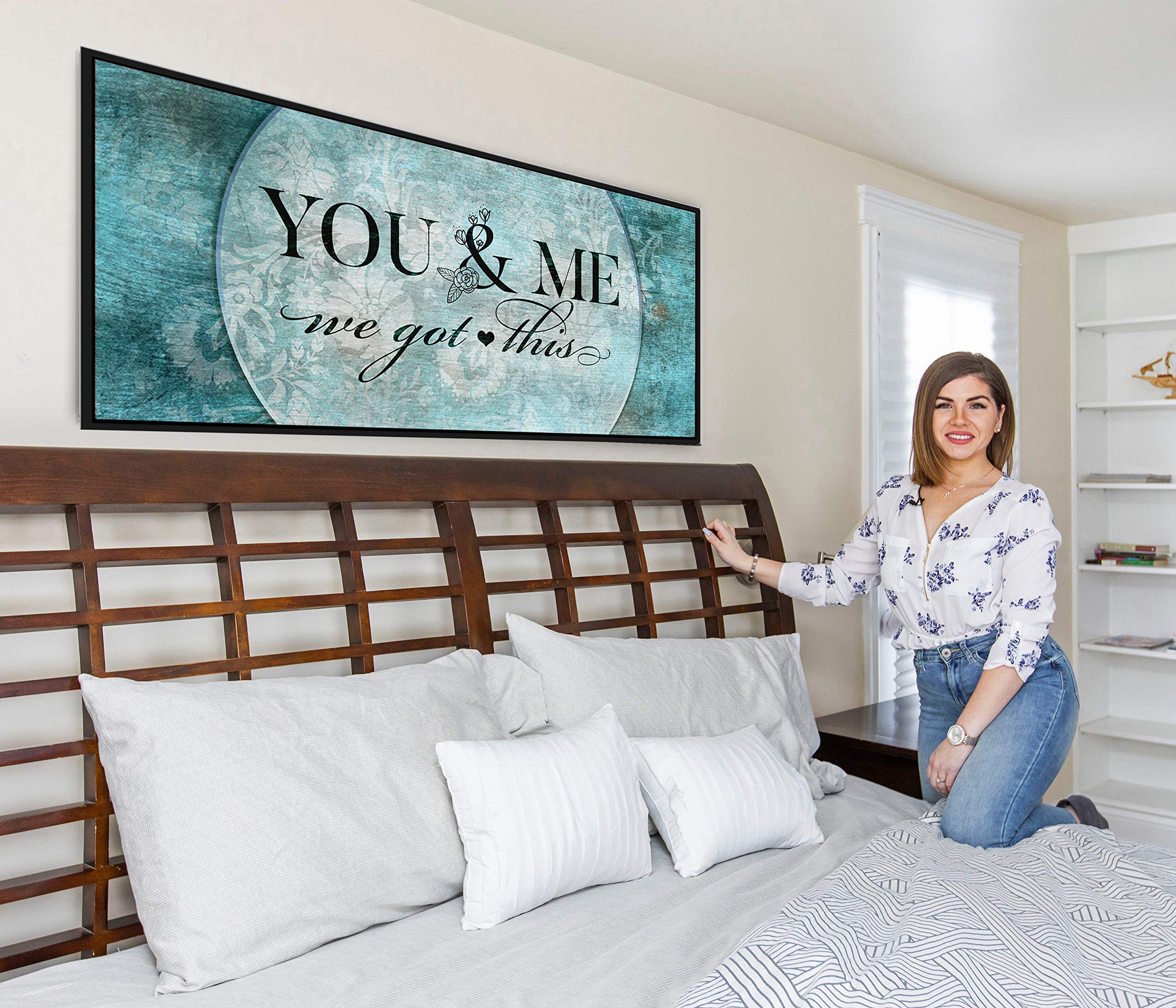Above Bed Lovers Art - 'You & Me We Got This V5' Wood Framed Canvas - Rustic Bedroom Wall Decor for Couples - Ready to Hang Picture (42x19 Inches, Teal & Black Floating Frame) - Perfect for Master Bedroom, Guest Room or Romantic Gift