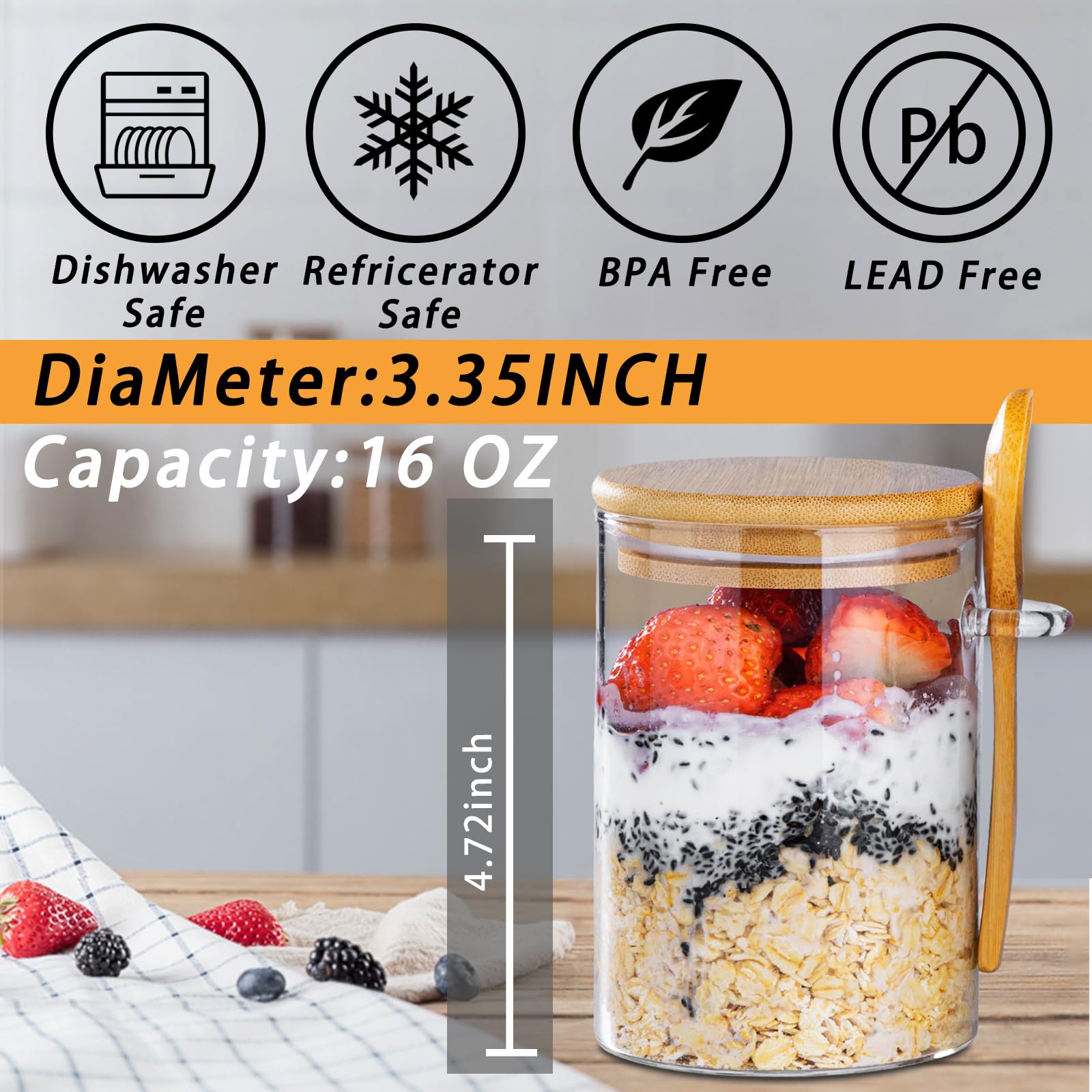 16oz Glass Overnight Oats Containers with Lids - 4 Pack Meal Prep Jars for Oatmeal, Yogurt & Pudding | BPA-Free Reusable Breakfast Storage Containers | Perfect for Healthy Meal Prep, Office Lunch & On-the-Go Snacks