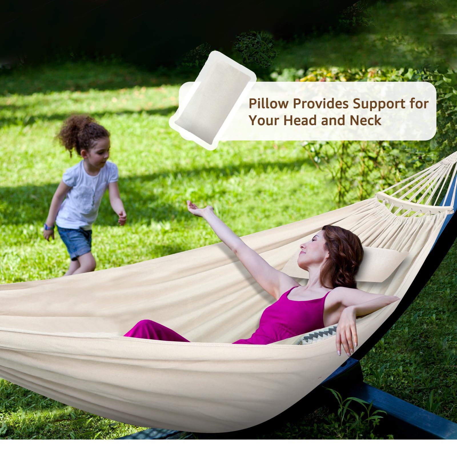 **Chihee Extra Large Cotton Hammock - Soft & Breathable Camping Hammock with Detachable Spreader Bar & Pillow - Supports 660lbs - Includes 2 Strong Webbings & 2 Carabiners - Perfect for Patio, Garden, Indoor & Outdoor Relaxation**