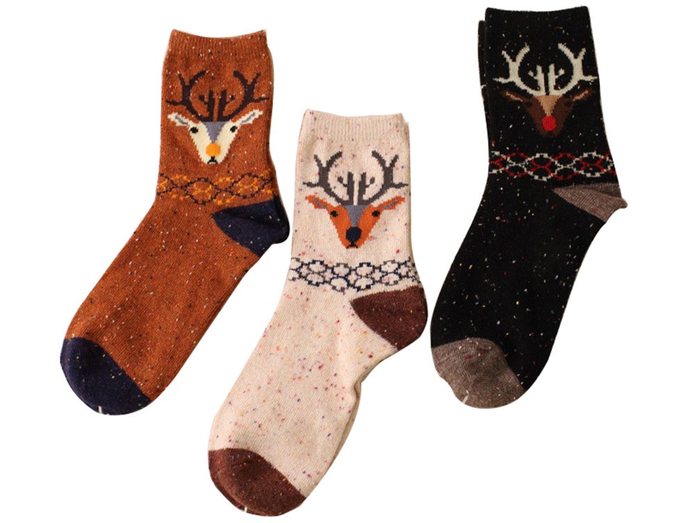 Sunjune Women's Cartoon Deer Print Wool Crew Socks - 3 Pairs Warm Mid-Calf Socks for Winter - Cozy & Cute Socks for Casual Wear, Home, Office and Outdoor Activities