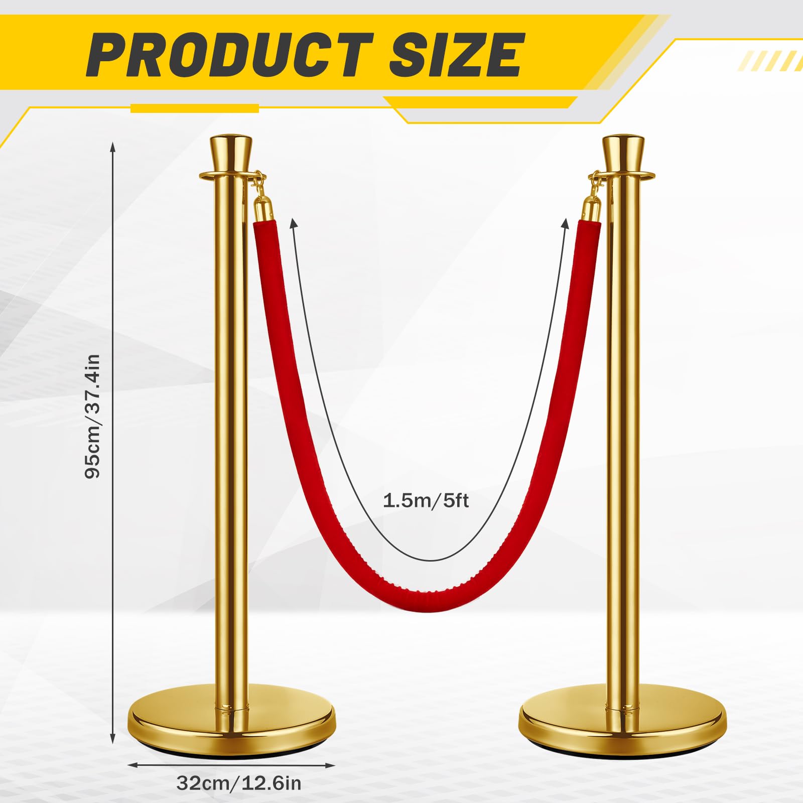 Premium 6-Pack Stainless Steel Stanchion Posts with 5ft Red Velvet Rope - Gold Crowd Control Barriers for Events, Parties, VIP Access & Red Carpet Occasions - Heavy Duty Queue Management System for Weddings, Concerts & Corporate Functions