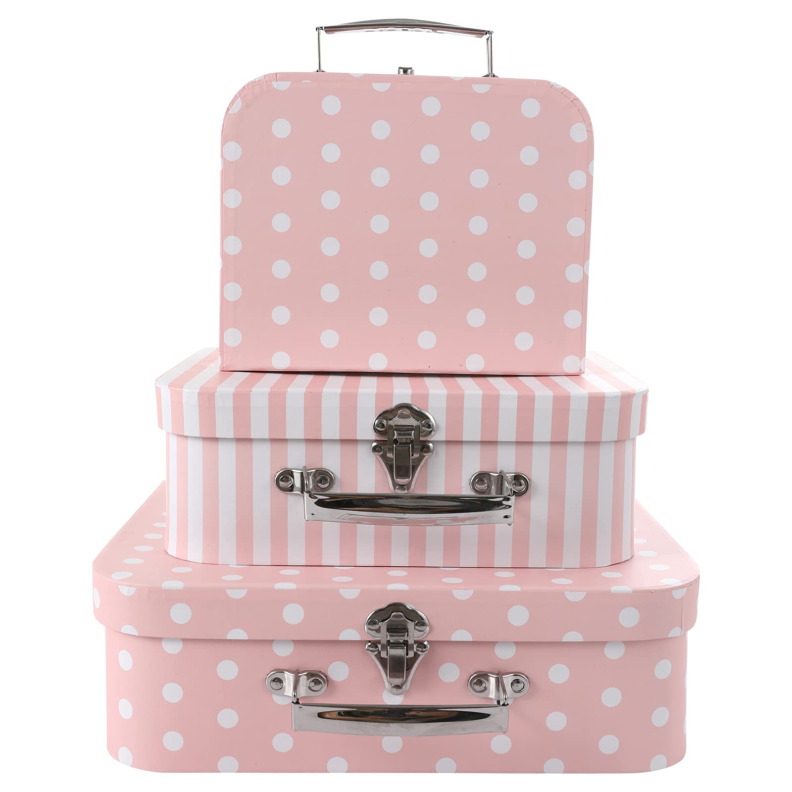 3-Piece Paperboard Suitcase Storage Box Set - Photo Organizer, Home Decor for Wedding, Birthday & Anniversary - Pink Polka Dot & Striped Design - Perfect for Memory Keeping, Gift Wrapping & Seasonal Decorations